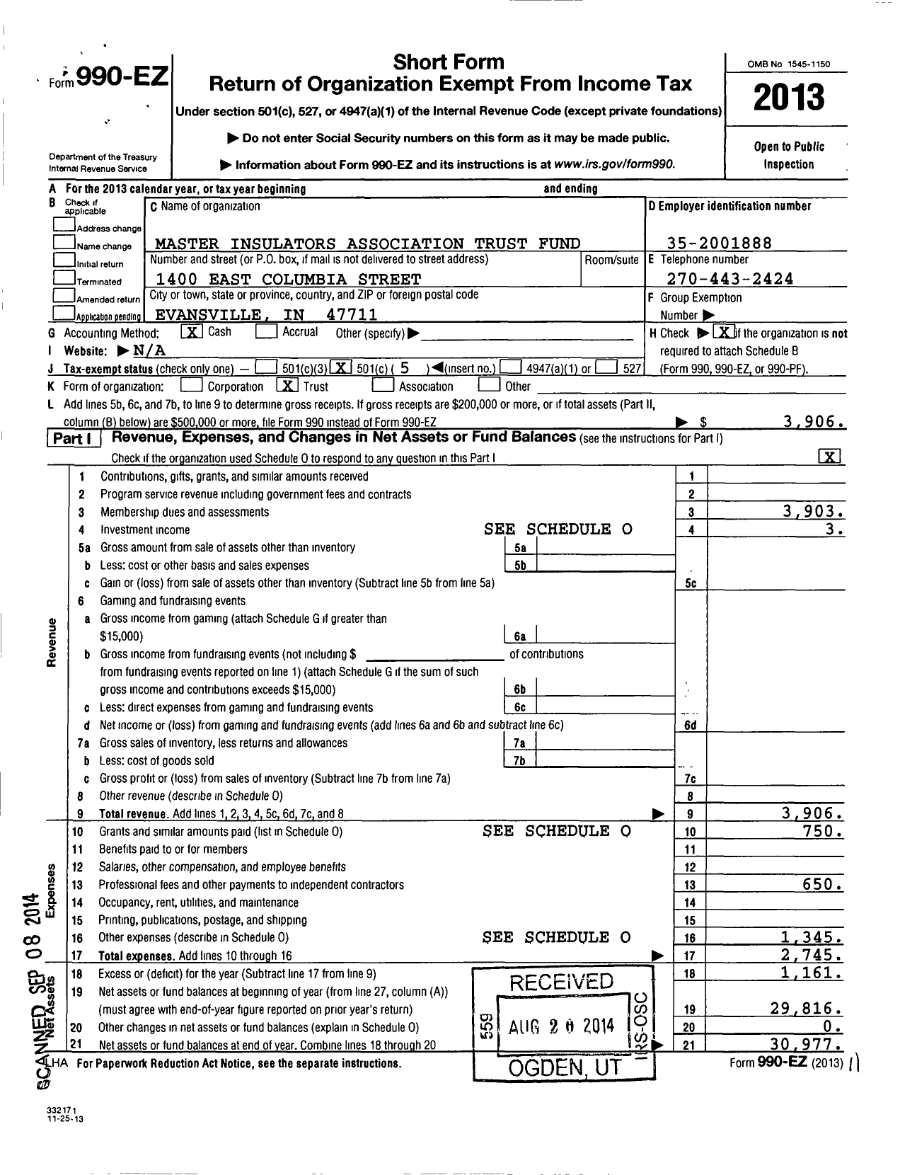 Image of first page of 2013 Form 990EO for Master Insulators Association Trust Fund