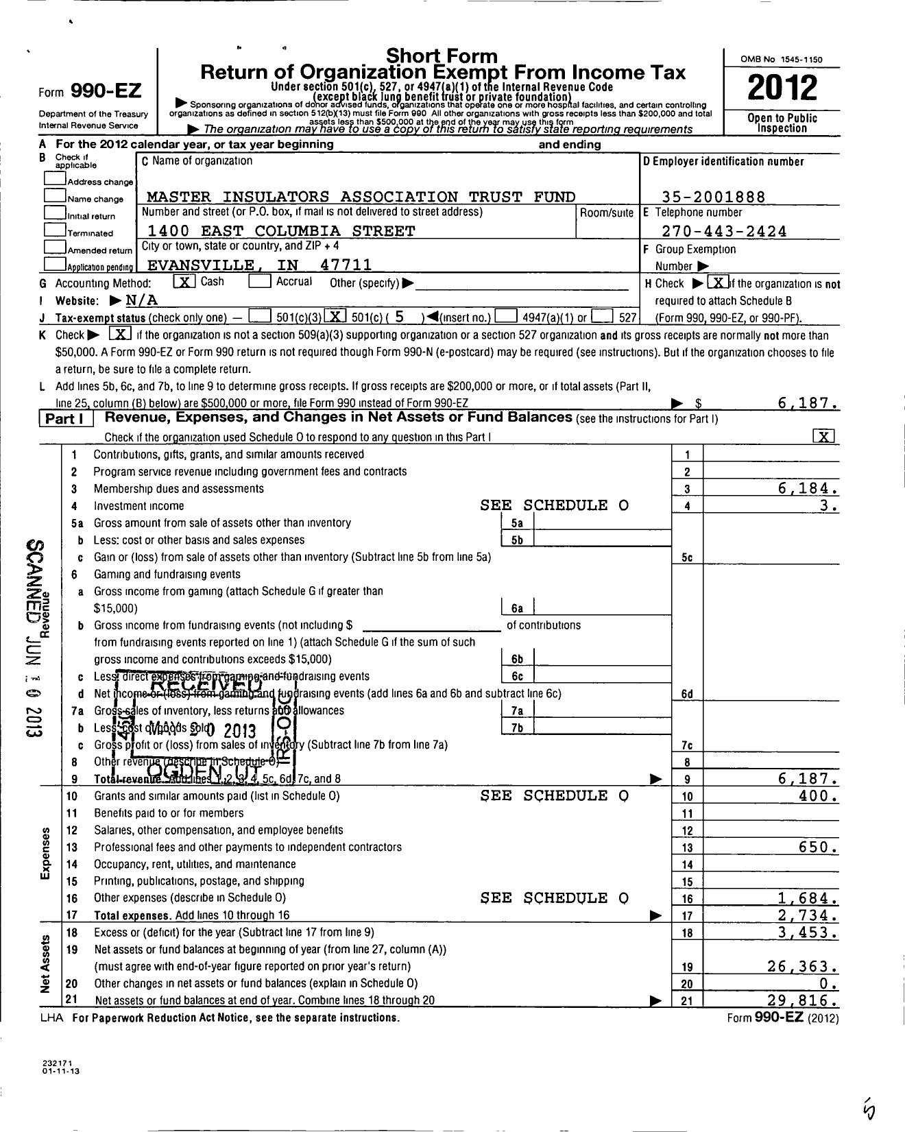 Image of first page of 2012 Form 990EO for Master Insulators Association Trust Fund