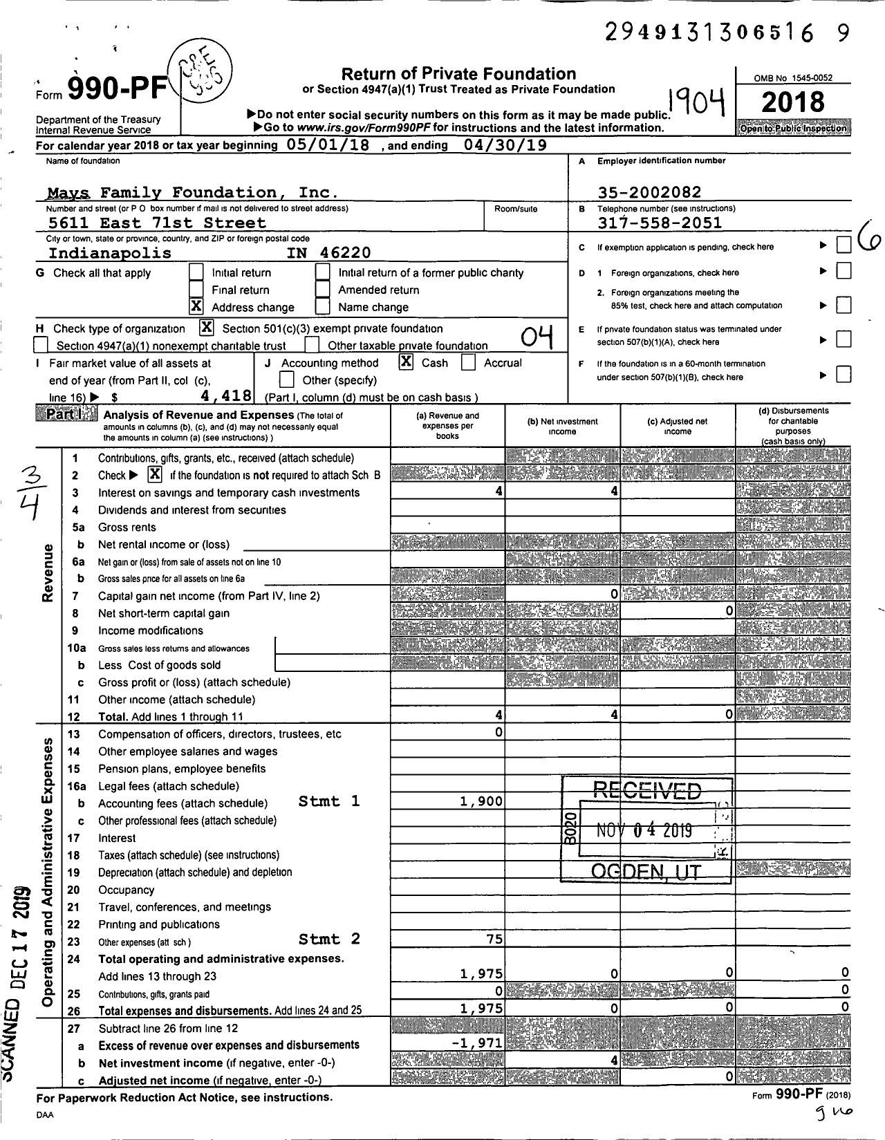 Image of first page of 2018 Form 990PF for Mays Family Foundation