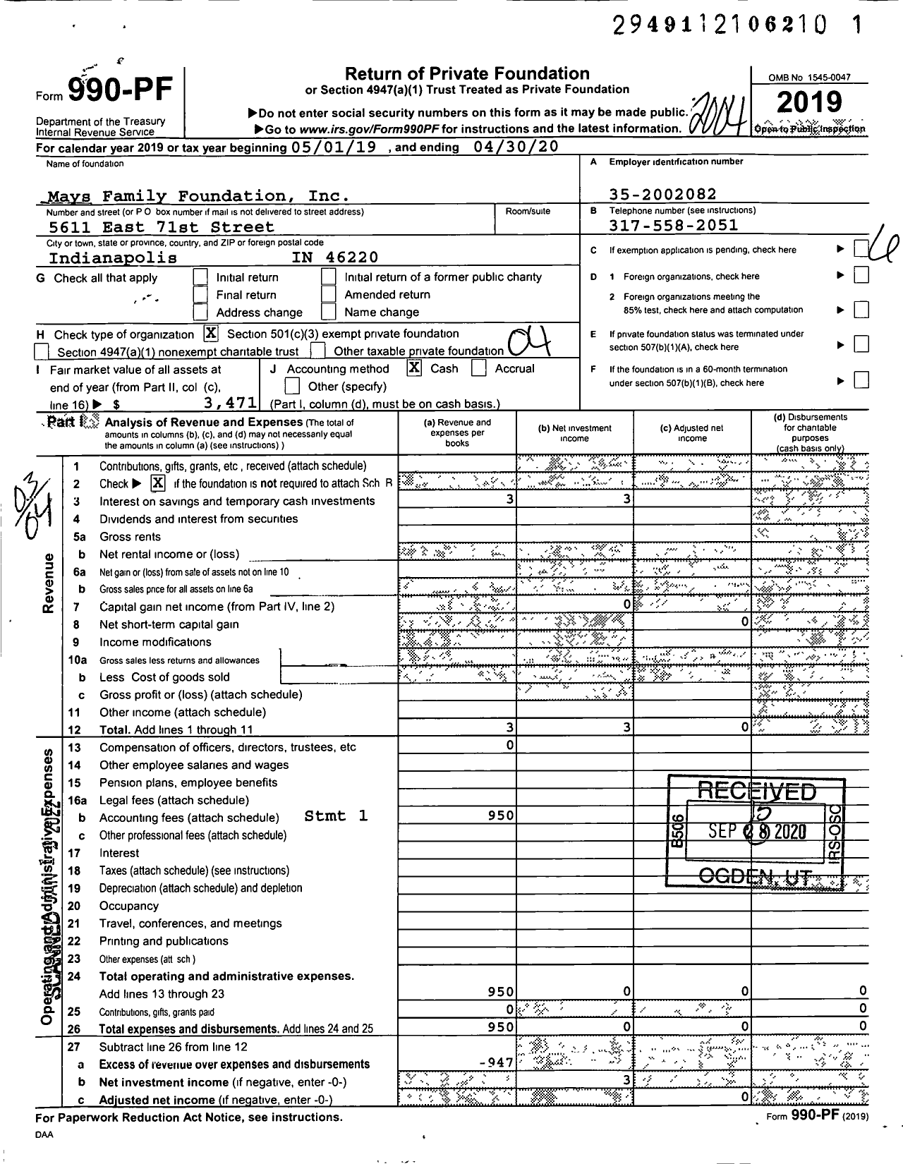 Image of first page of 2019 Form 990PF for Mays Family Foundation