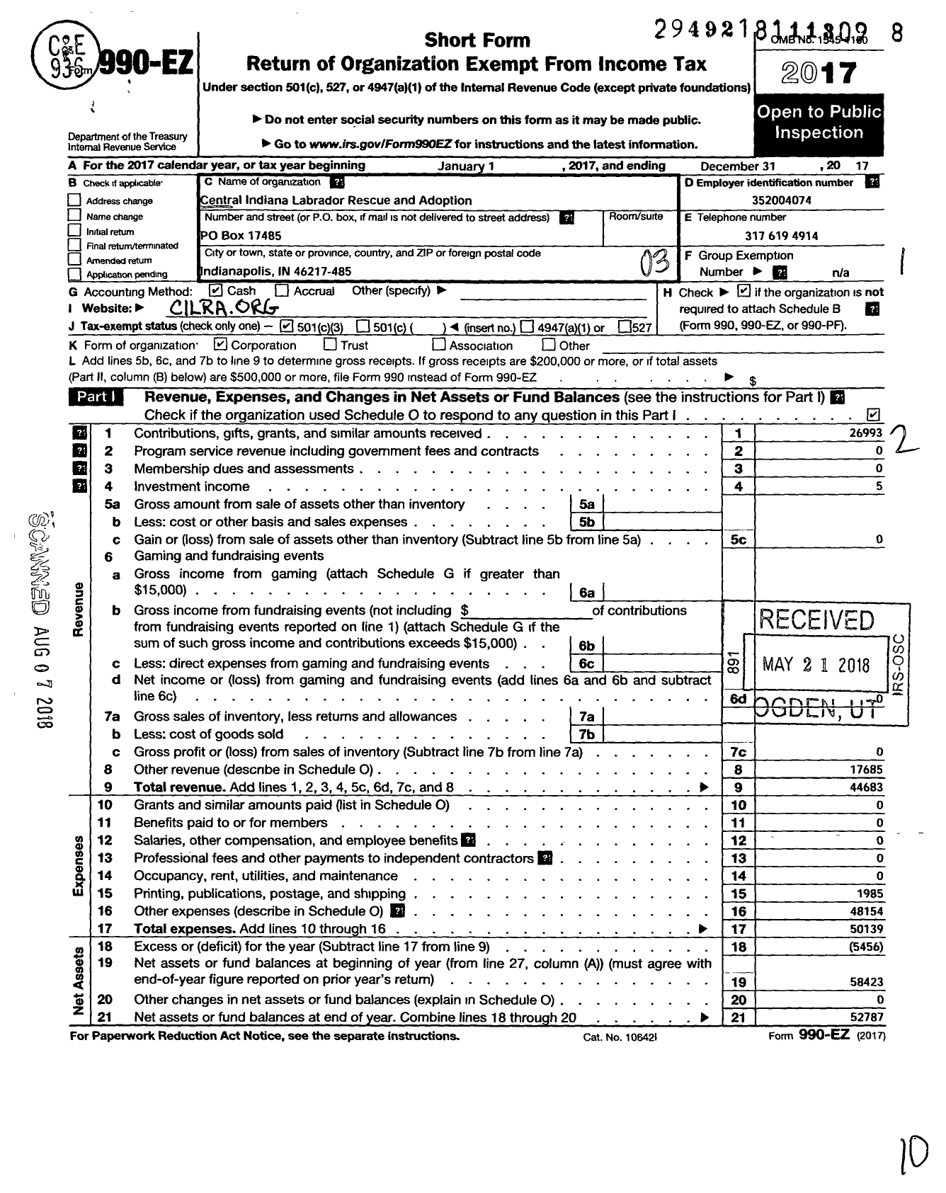 Image of first page of 2017 Form 990EZ for Central Indiana Lab Rescue and Adoption