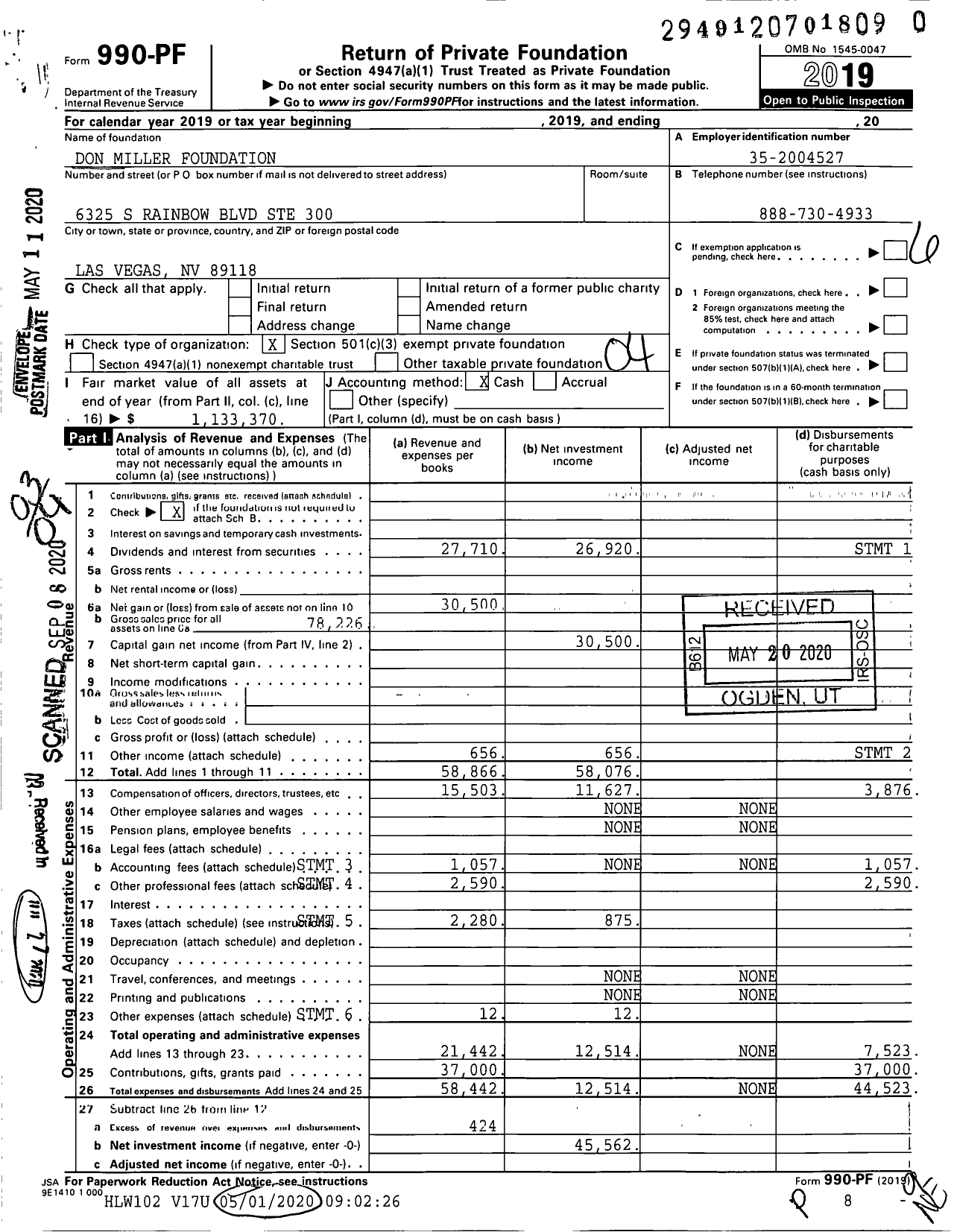 Image of first page of 2019 Form 990PR for Miller Don Foundation