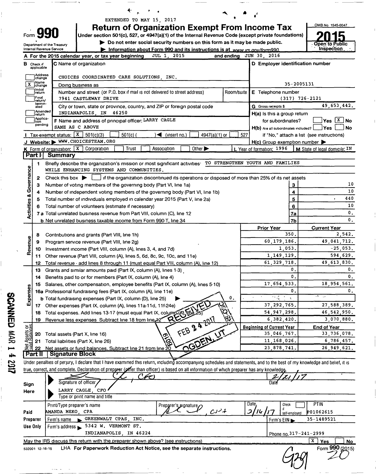 Image of first page of 2015 Form 990 for Choices Coordinated Care Solutions