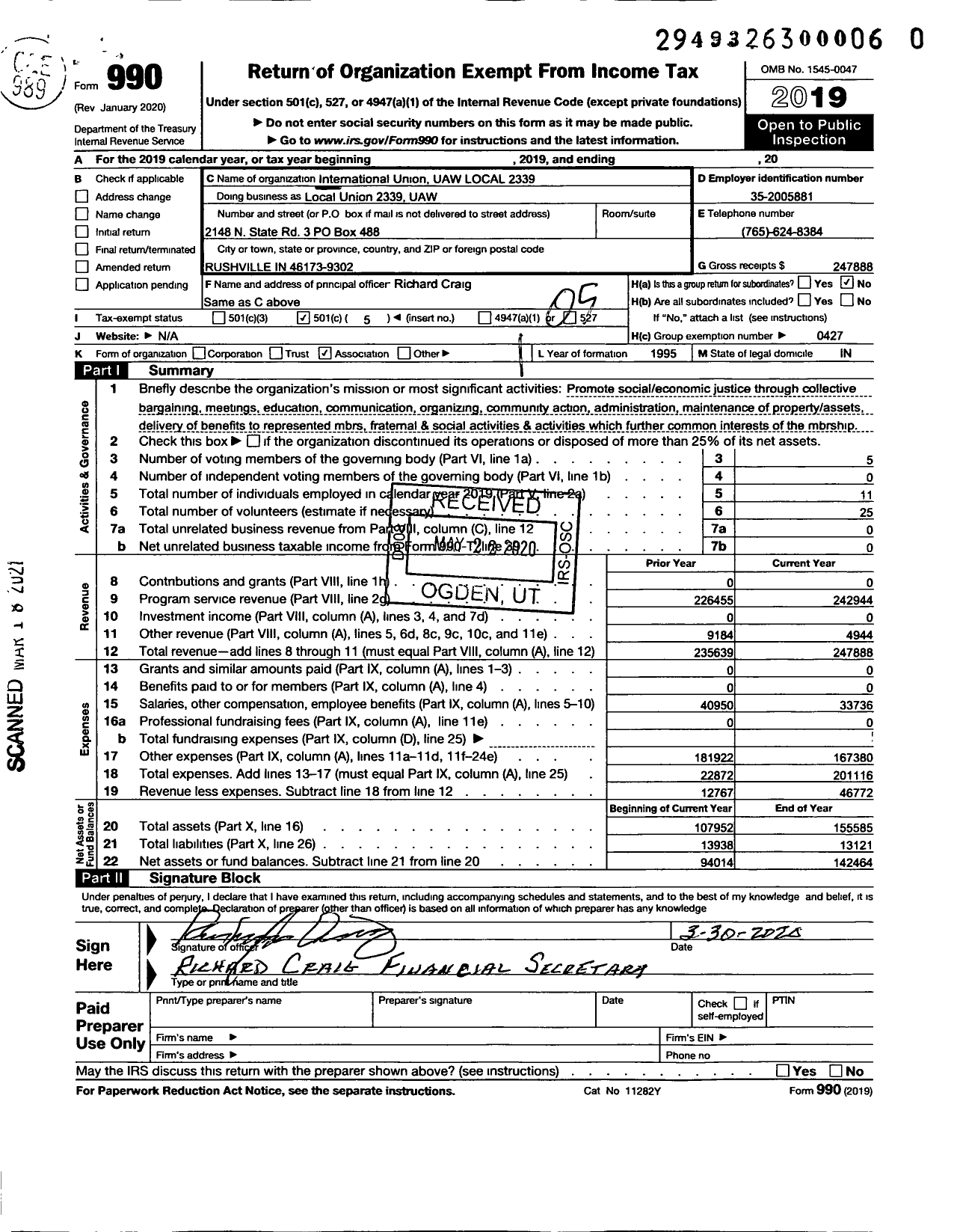 Image of first page of 2019 Form 990O for UAW - Local Union 2339 UAW