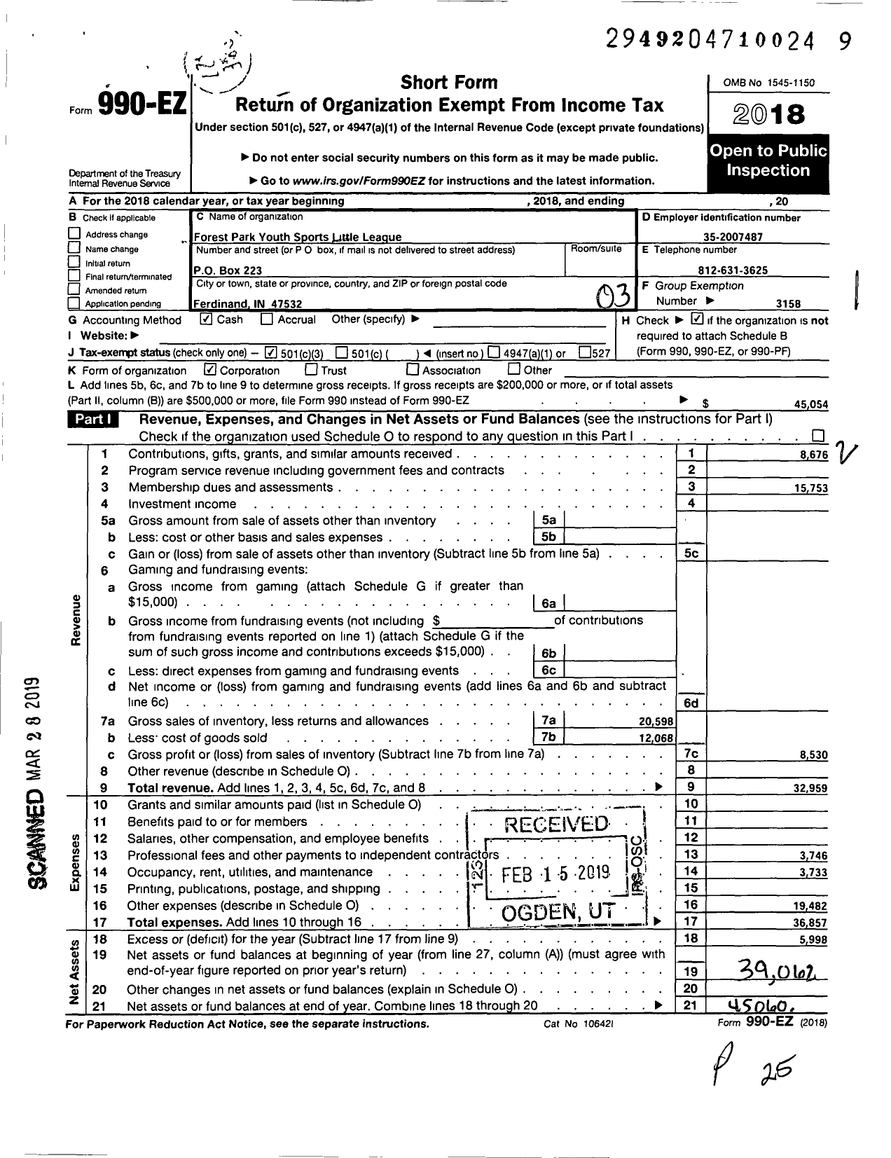 Image of first page of 2018 Form 990EZ for Little League Baseball - 1141302 Forest Park Youth Sports LL