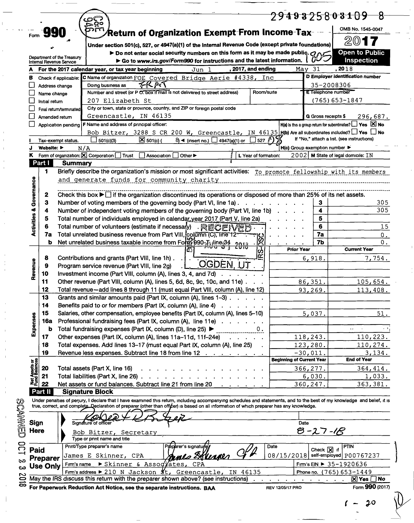 Image of first page of 2017 Form 990O for Fraternal Order of Eagles - 4388 Covered Bridge Aerie
