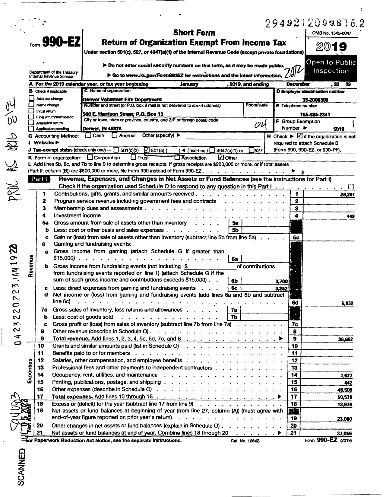 Image of first page of 2020 Form 990EO for Denver Volunteer Fire Department