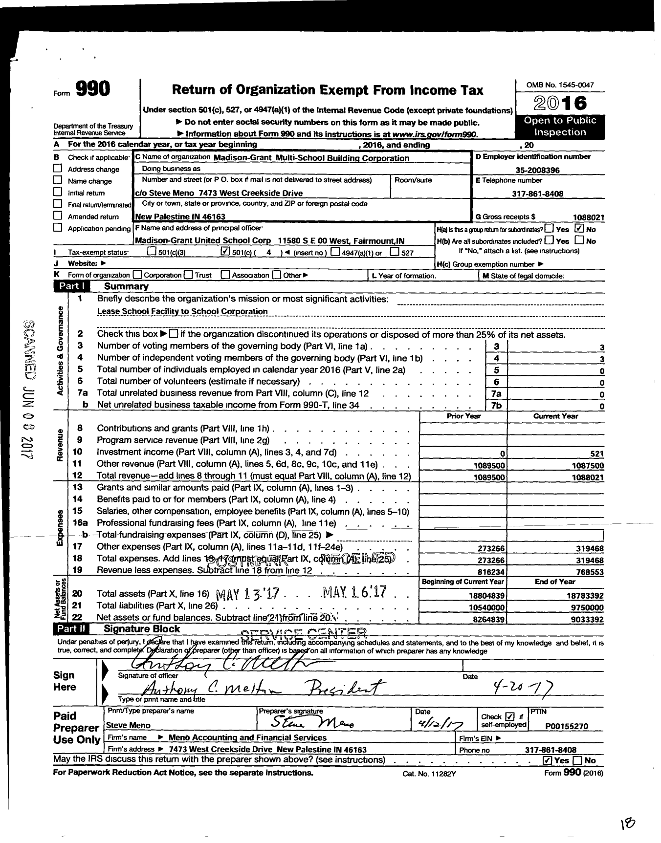 Image of first page of 2016 Form 990O for Madison Grant Multi Building Corporation