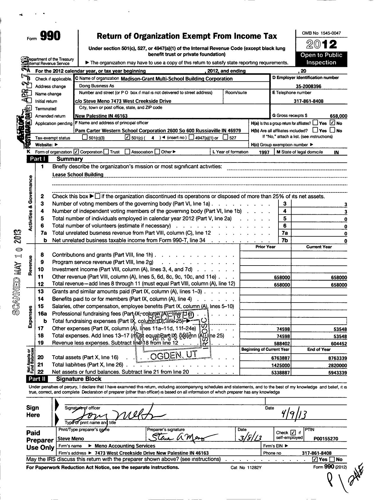 Image of first page of 2012 Form 990O for Madison Grant Multi Building Corporation