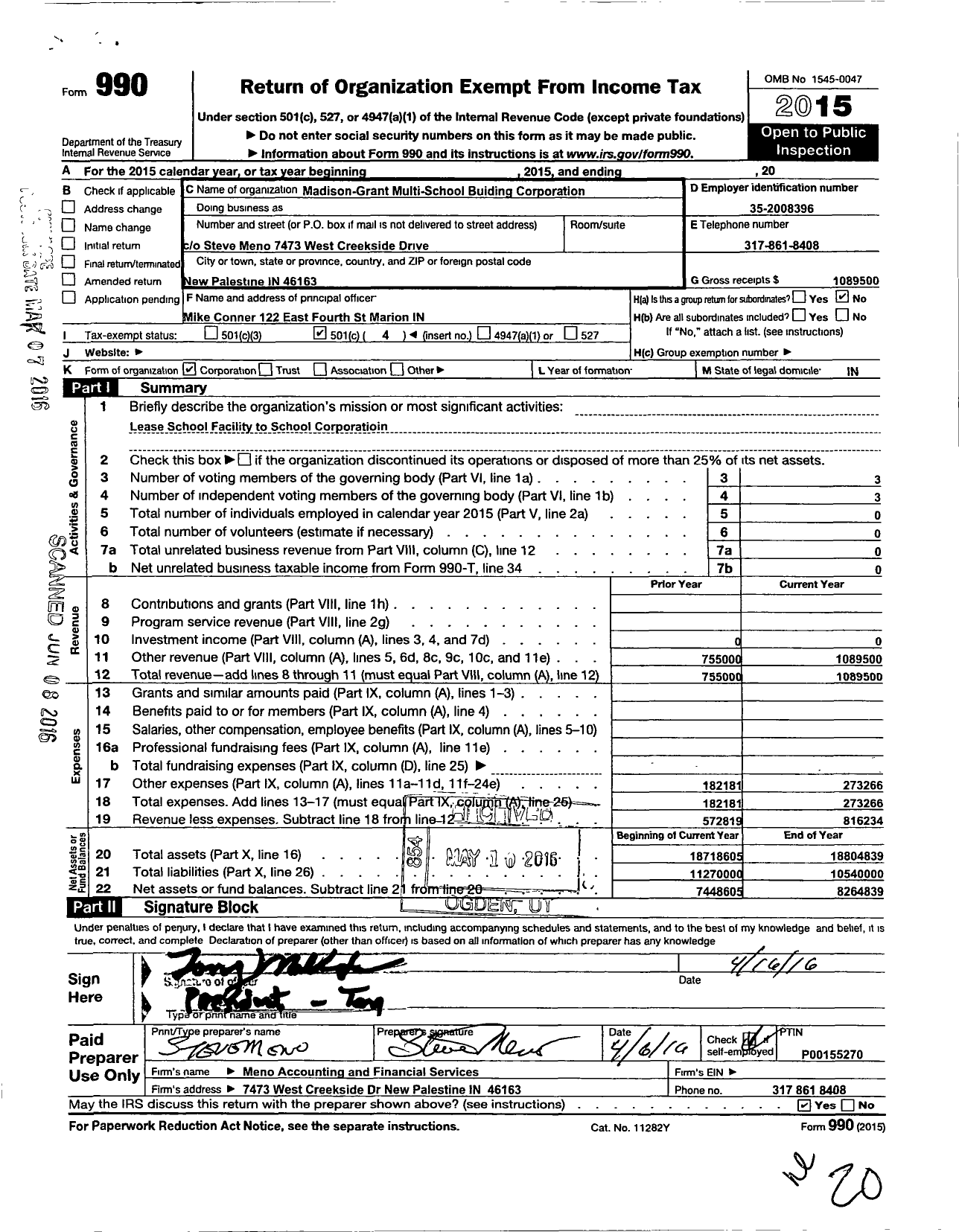 Image of first page of 2015 Form 990O for Madison Grant Multi Building Corporation