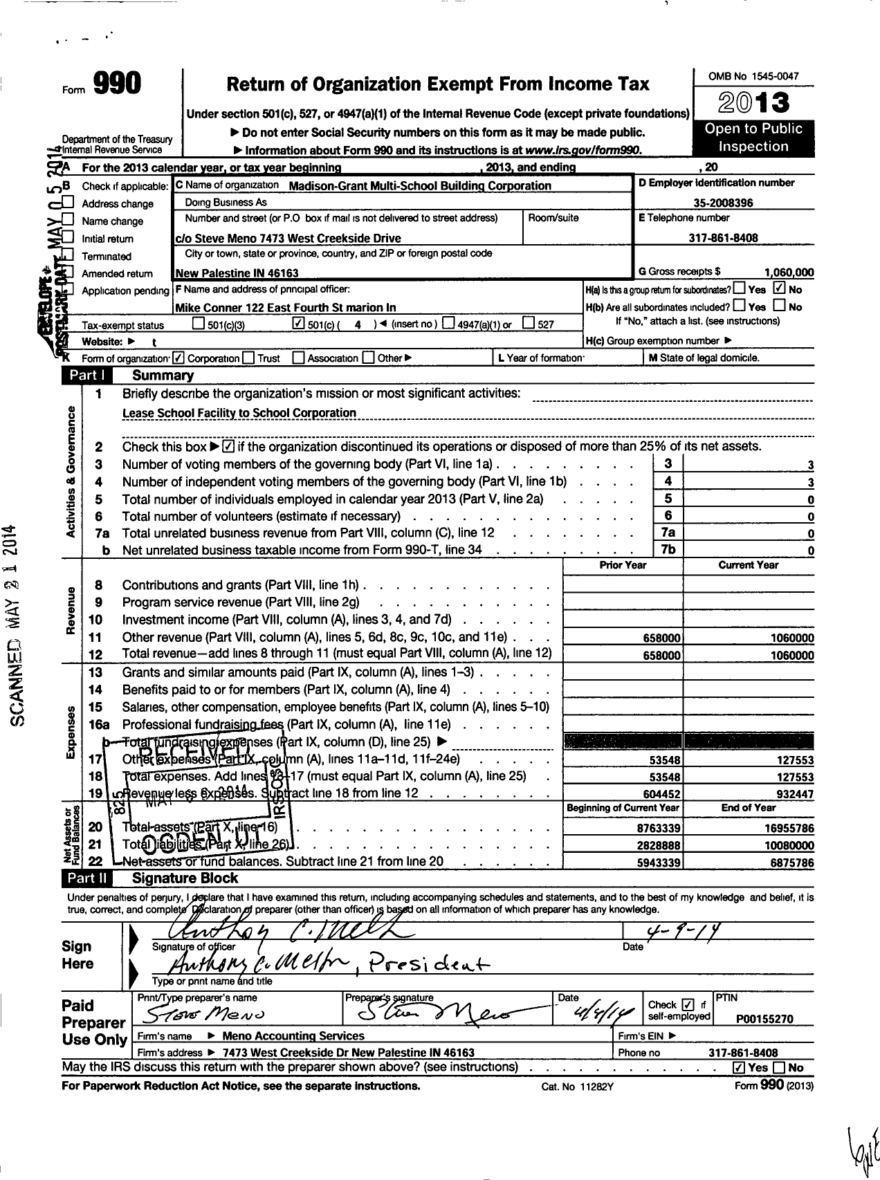 Image of first page of 2013 Form 990O for Madison Grant Multi Building Corporation
