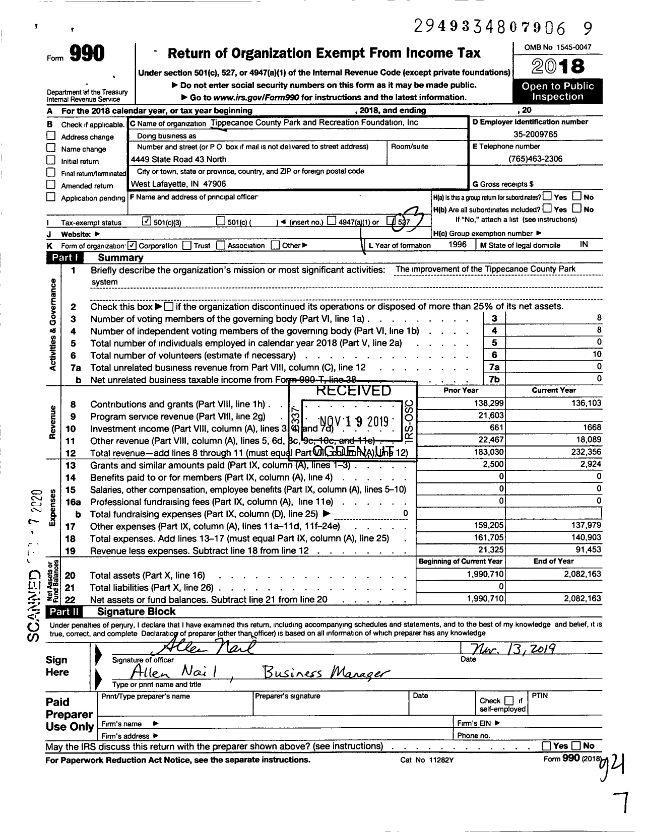 Image of first page of 2018 Form 990 for Tippecanoe County Park and Recreation Foundation