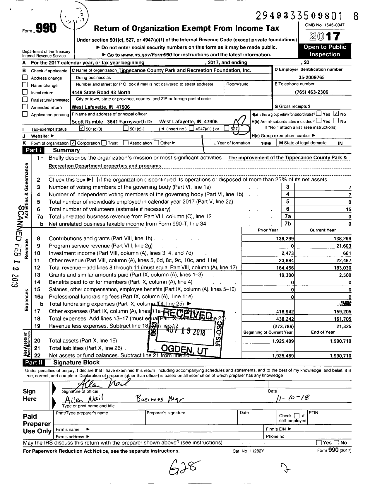 Image of first page of 2017 Form 990 for Tippecanoe County Park and Recreation Foundation