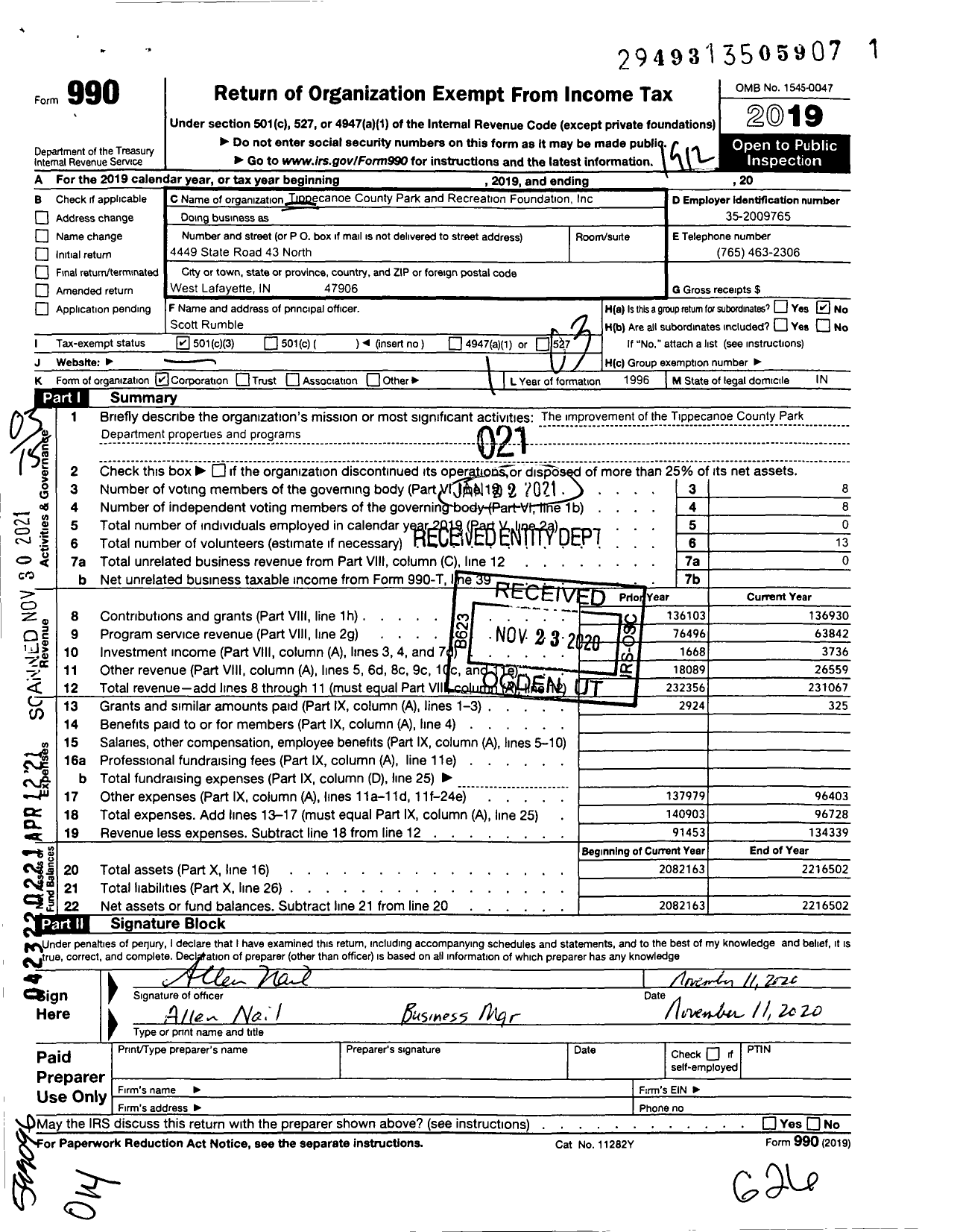 Image of first page of 2019 Form 990 for Tippecanoe County Park and Recreation Foundation