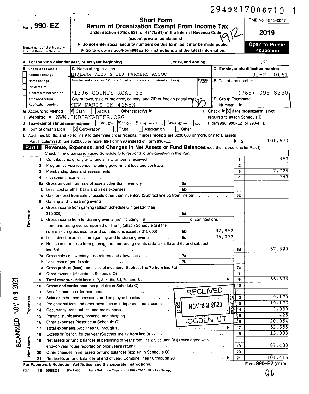 Image of first page of 2019 Form 990EO for Indiana Deer and Elk Farmers Associat