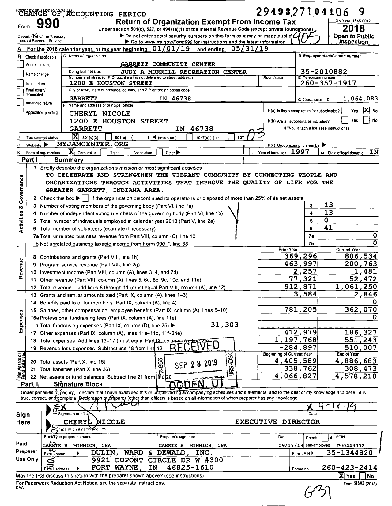 Image of first page of 2018 Form 990 for Judy A Morrill Recreation Center