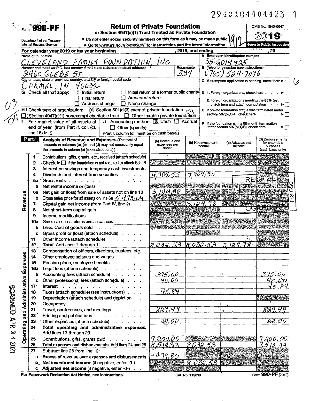 Image of first page of 2019 Form 990PF for Cleveland Family Foundation