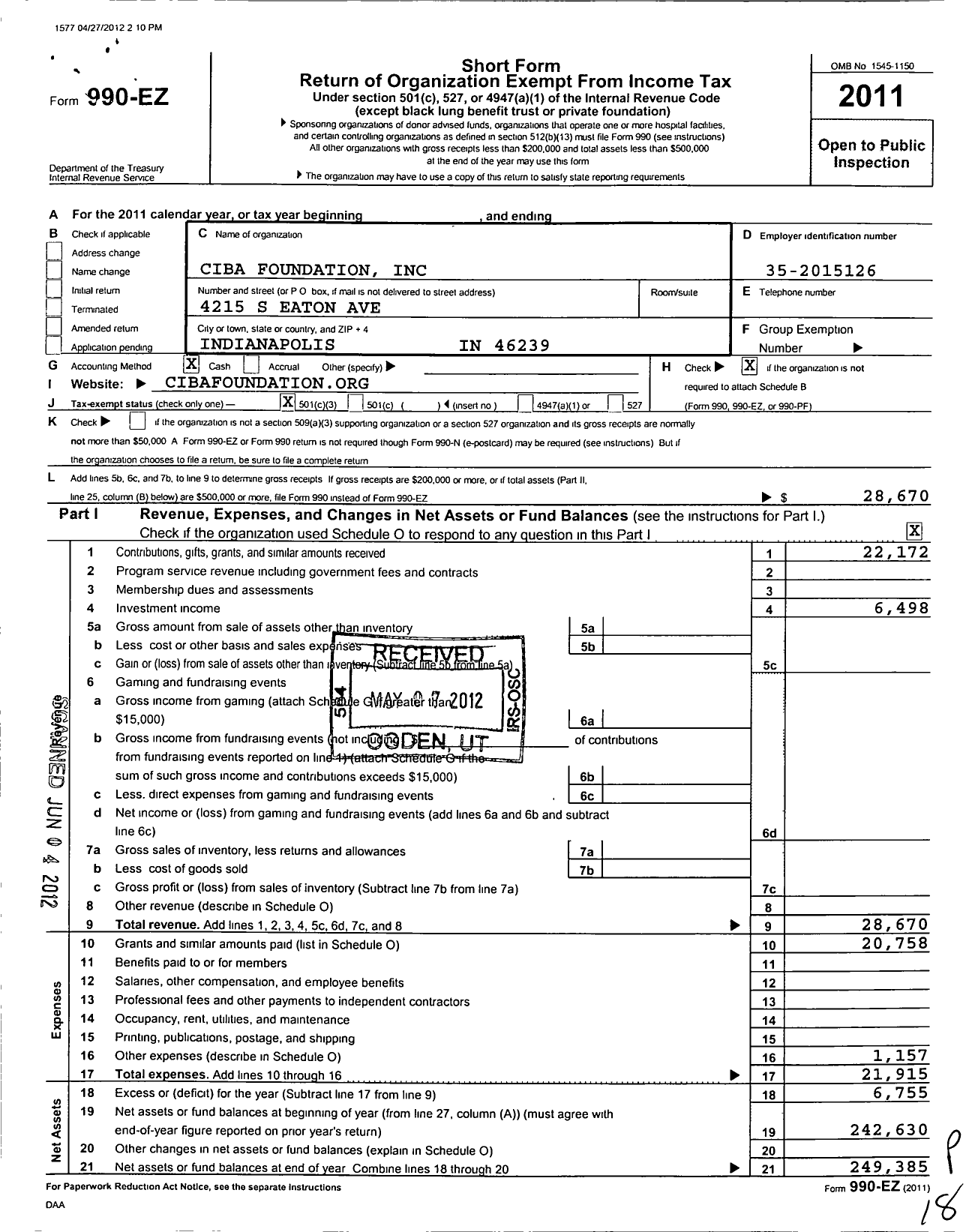 Image of first page of 2011 Form 990EZ for Ciba Foundation