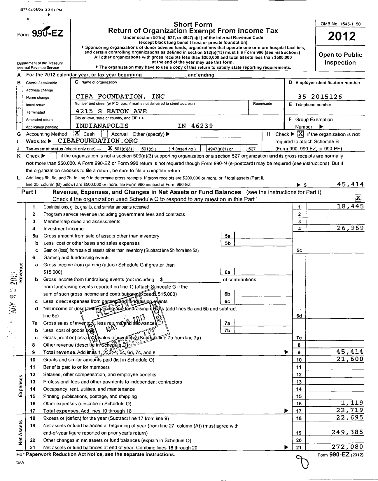 Image of first page of 2012 Form 990EZ for Ciba Foundation