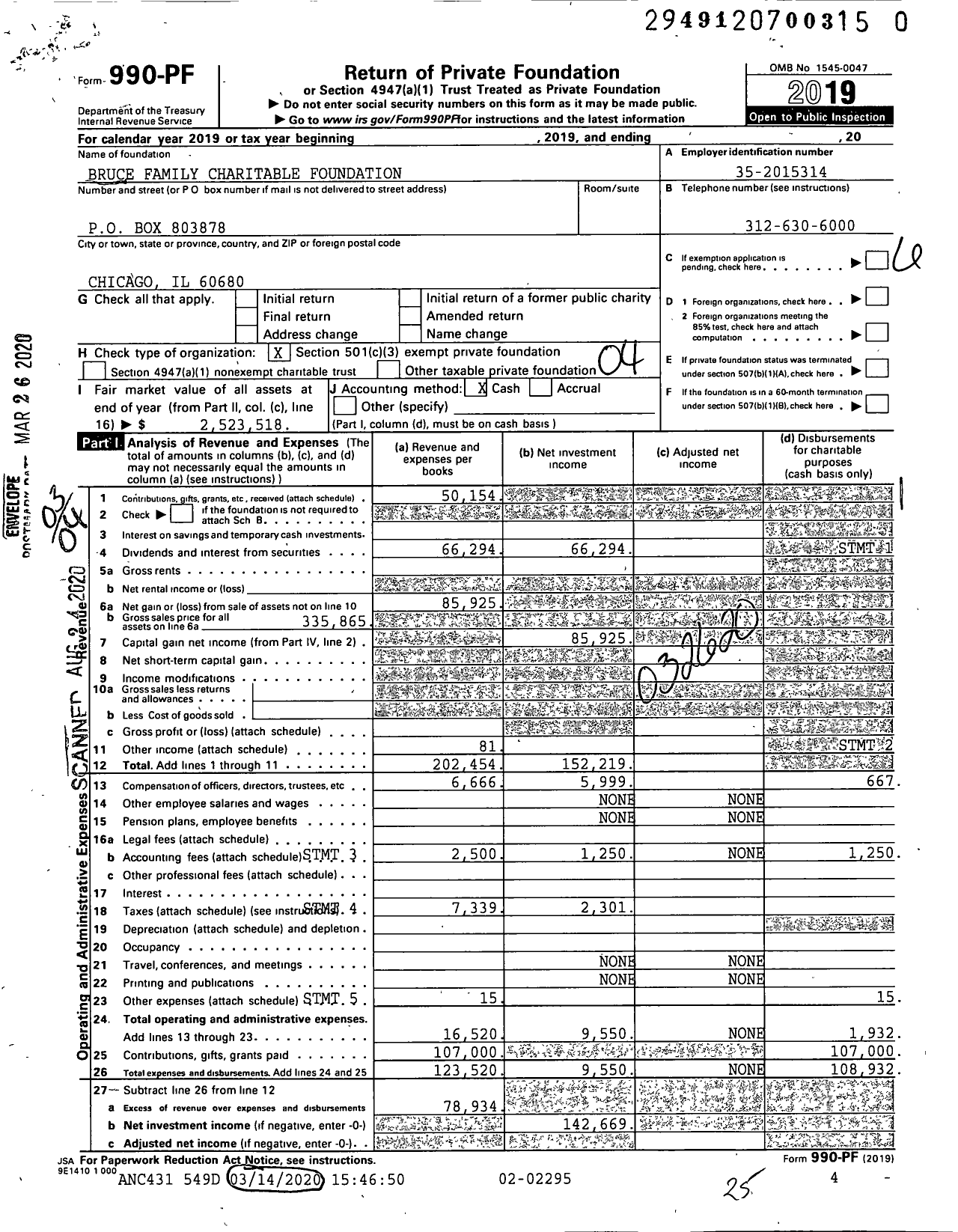 Image of first page of 2019 Form 990PR for Bruce Family Charitable Foundation