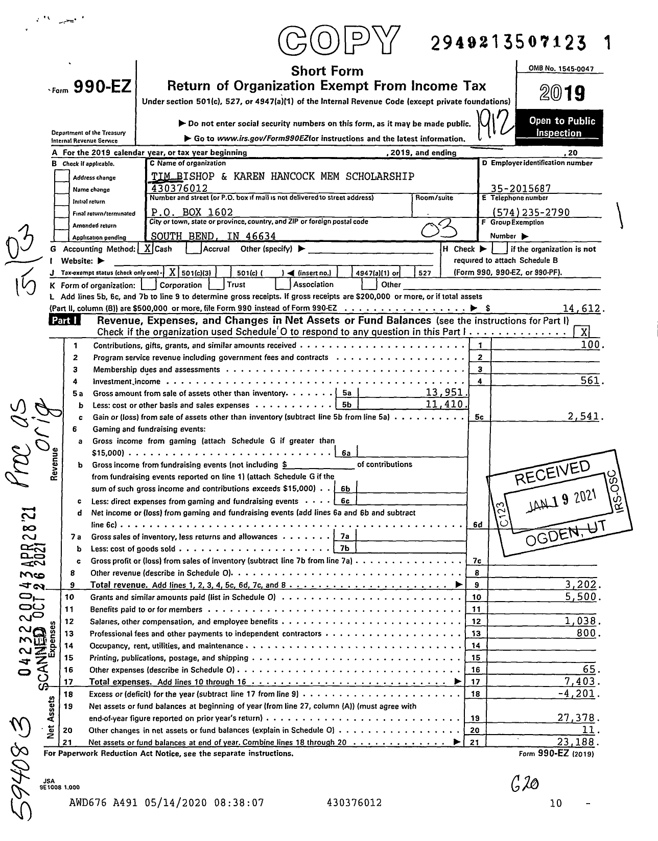 Image of first page of 2019 Form 990EZ for Tim Bishop and Karen Hancock Mem Scholarship