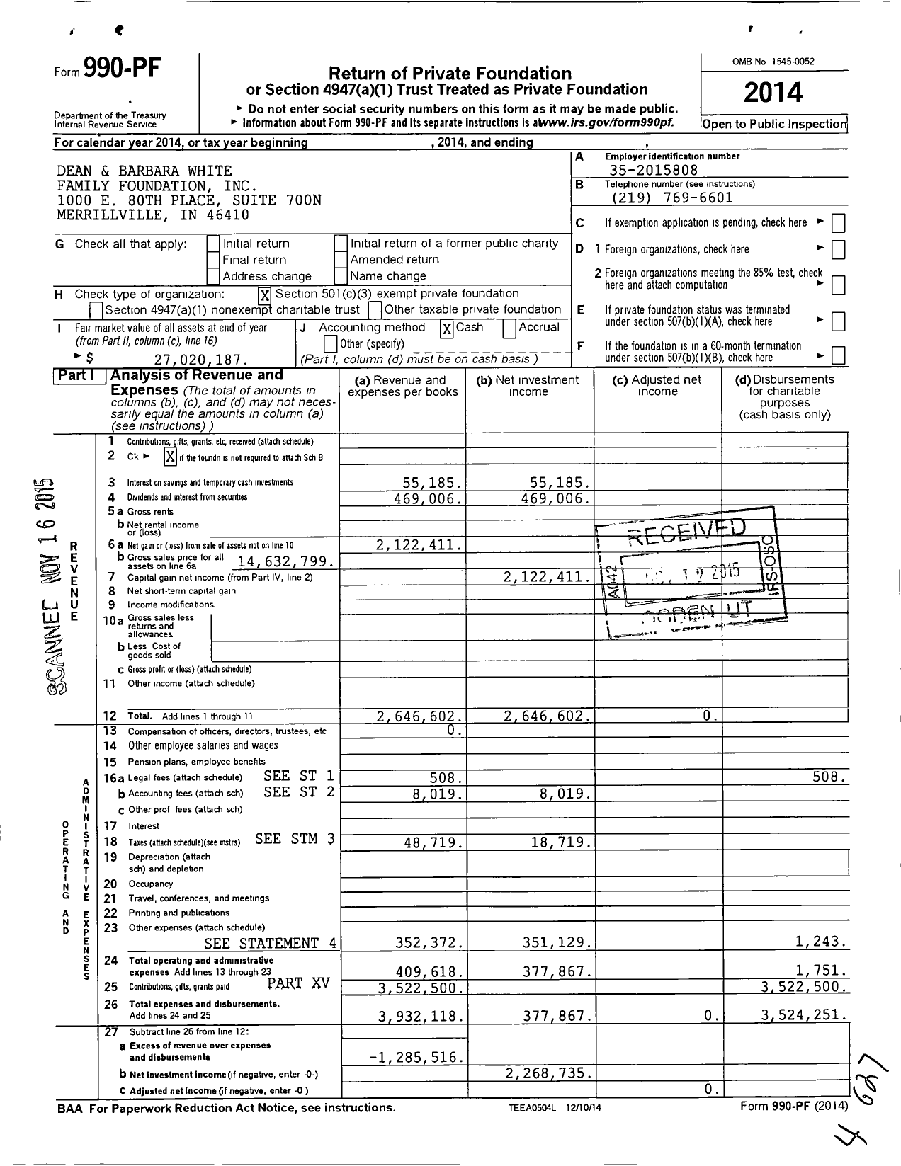 Image of first page of 2014 Form 990PF for Dean & Barbara White Family Foundation