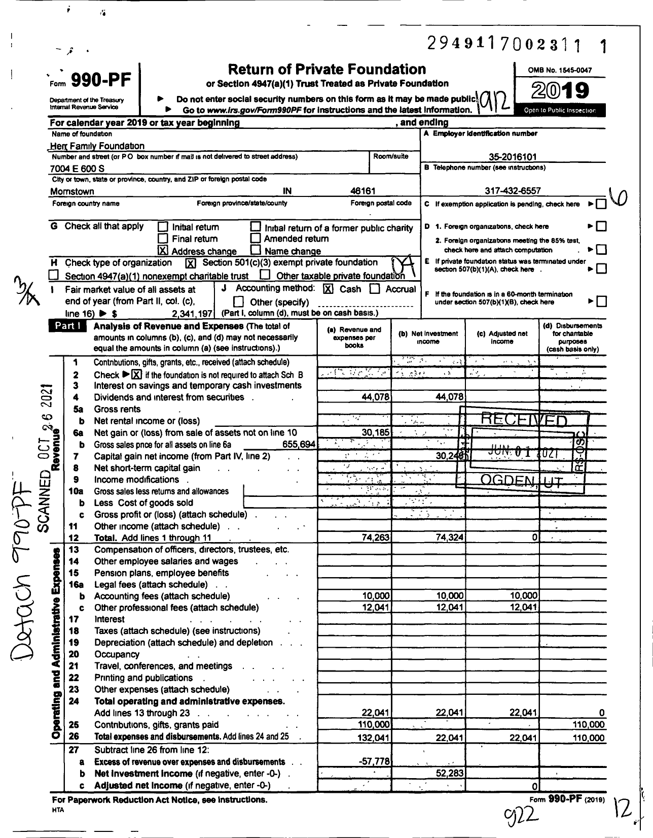 Image of first page of 2019 Form 990PF for Herr Family Foundation