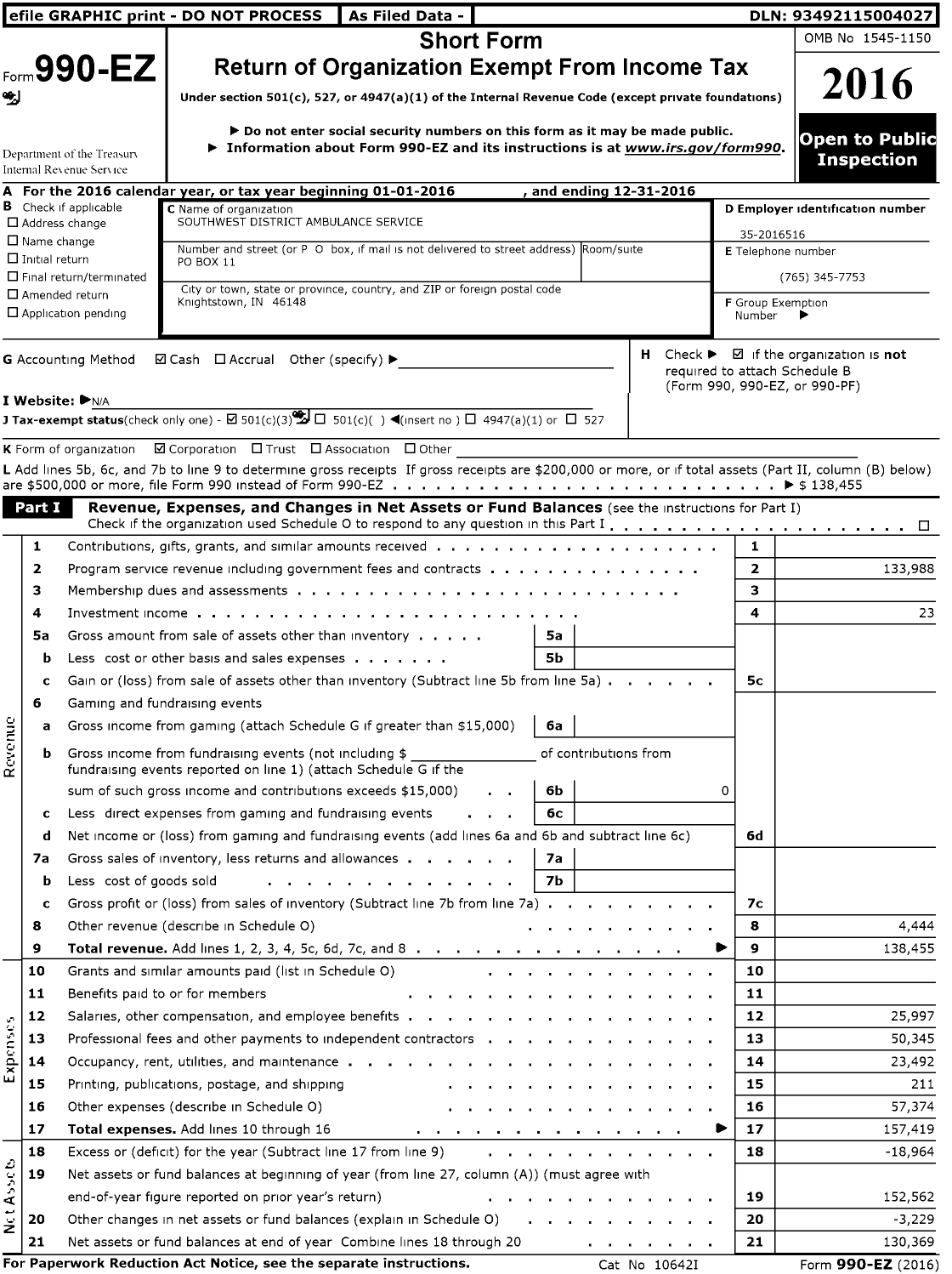 Image of first page of 2016 Form 990EZ for Southwest District Ambulance Service