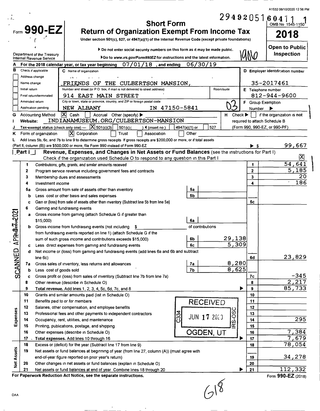 Image of first page of 2018 Form 990EZ for Friends of Culbertson Mansion