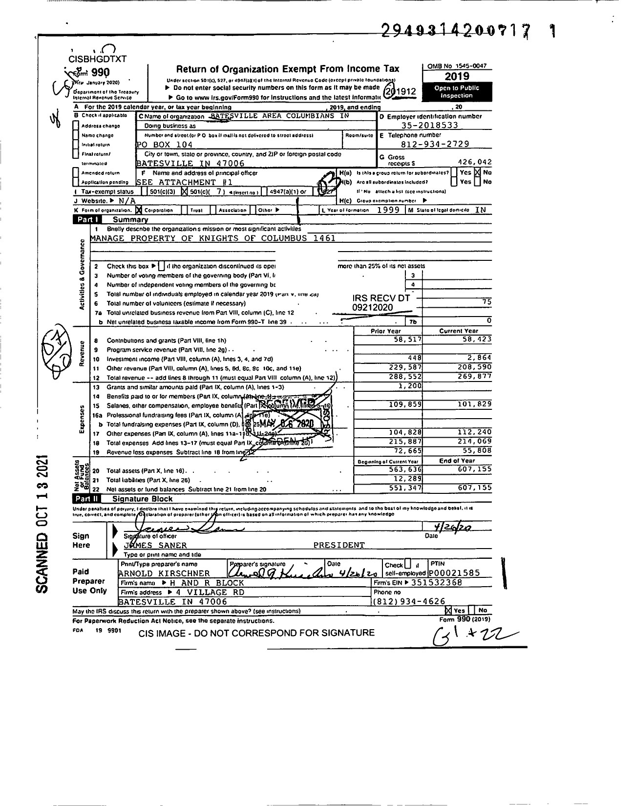 Image of first page of 2019 Form 990 for Batesville Area Columbians