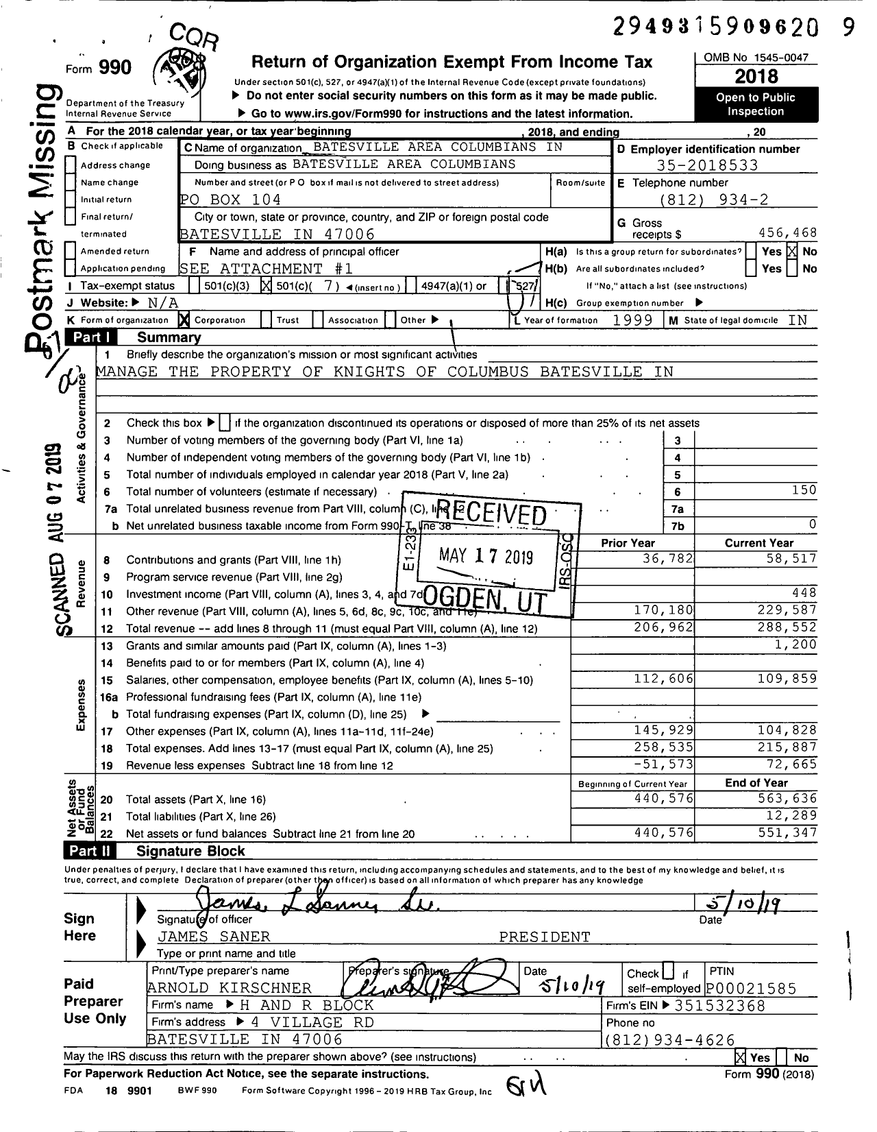 Image of first page of 2018 Form 990O for Batesville Area Columbians