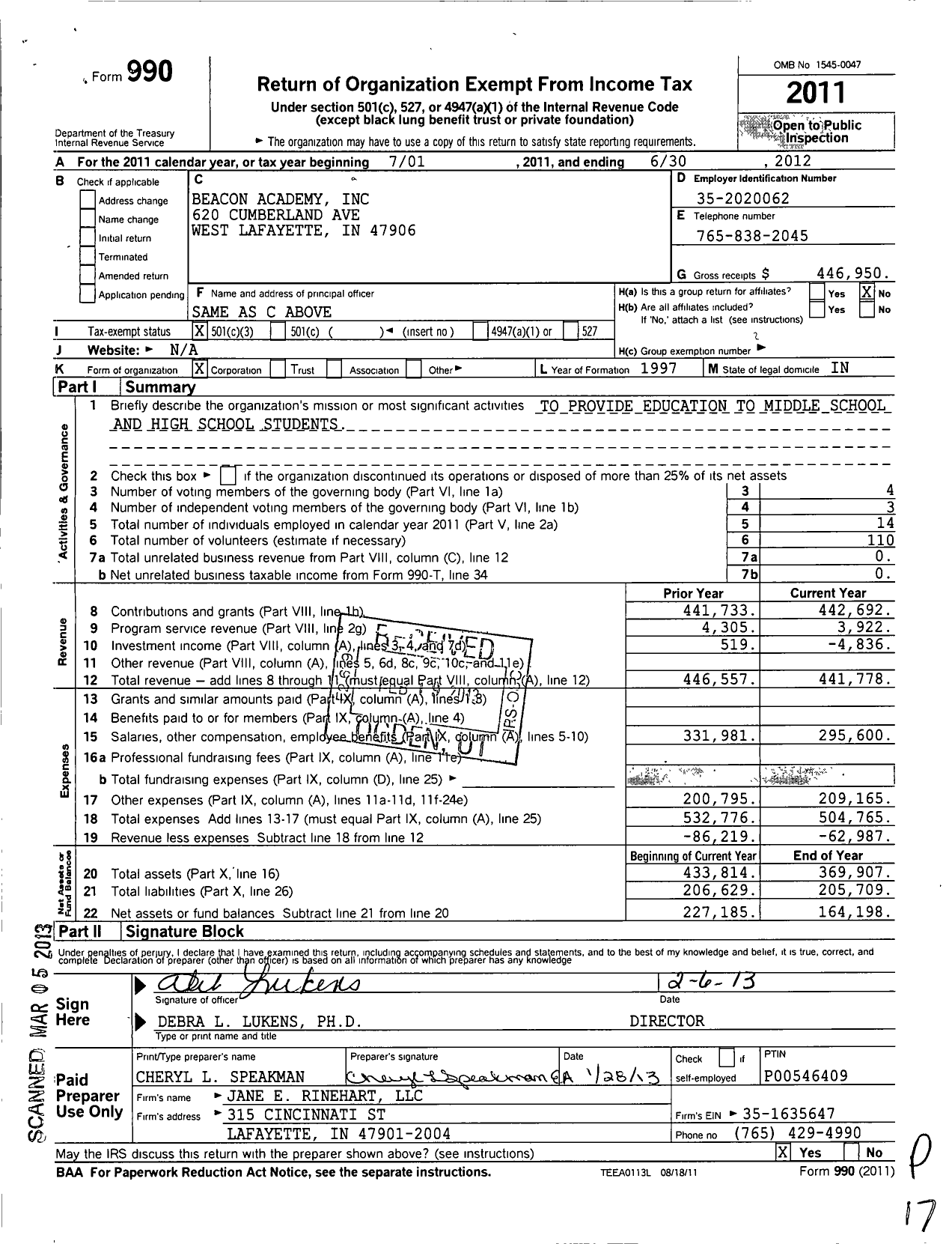 Image of first page of 2011 Form 990 for Beacon Academy