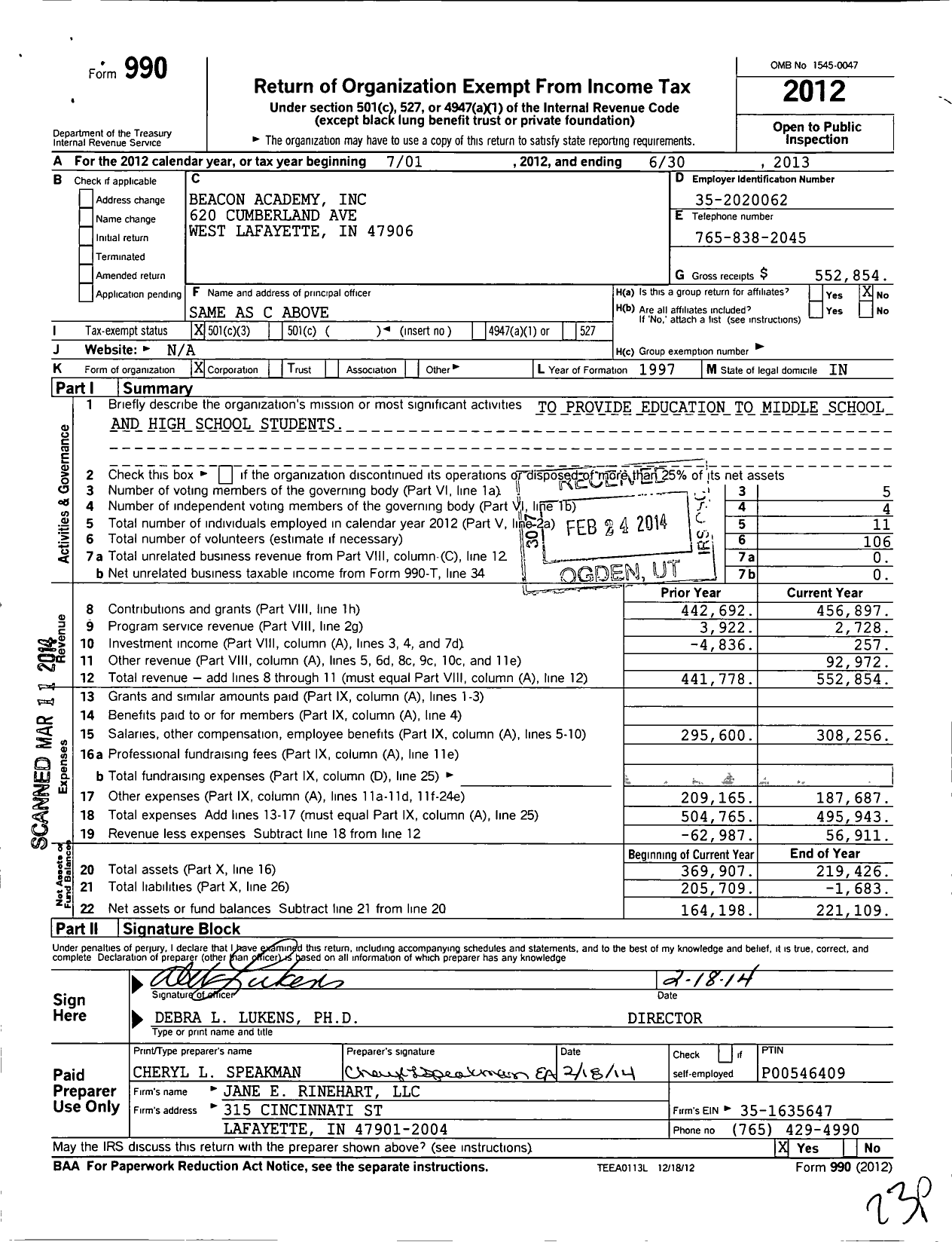 Image of first page of 2012 Form 990 for Beacon Academy