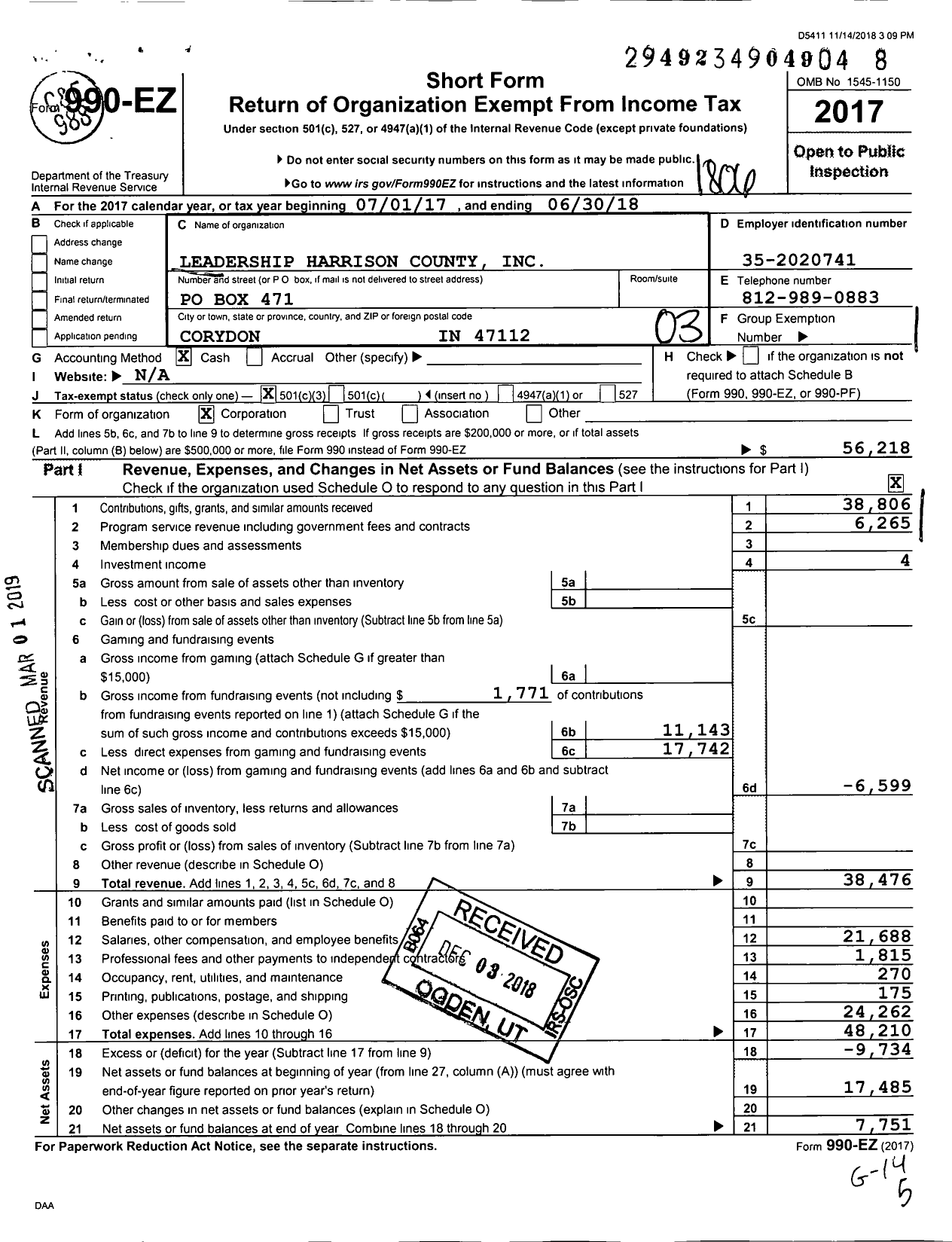 Image of first page of 2017 Form 990EZ for Leadership Harrison County