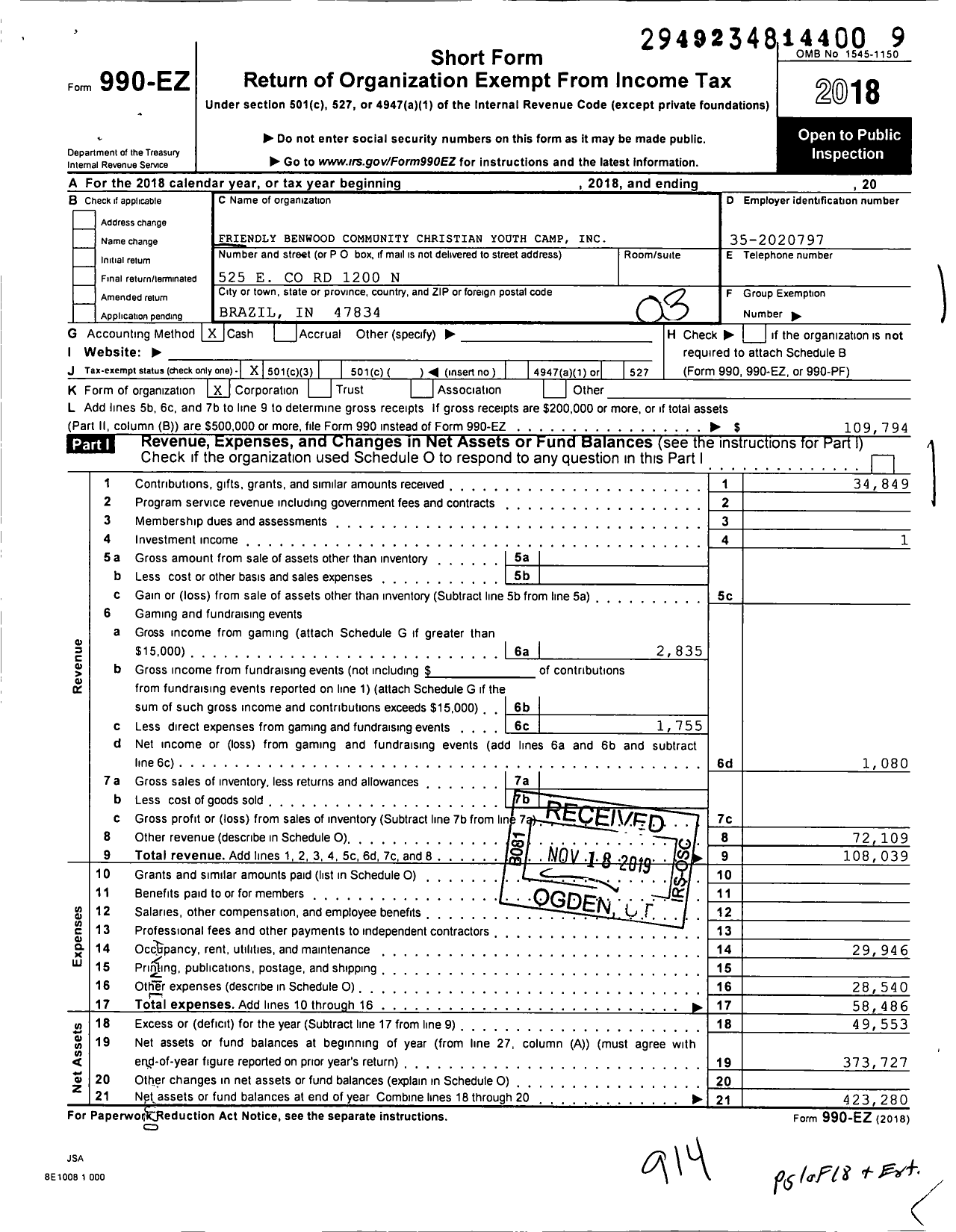 Image of first page of 2018 Form 990EZ for Friendly Benwood Community Christian Youth Camp