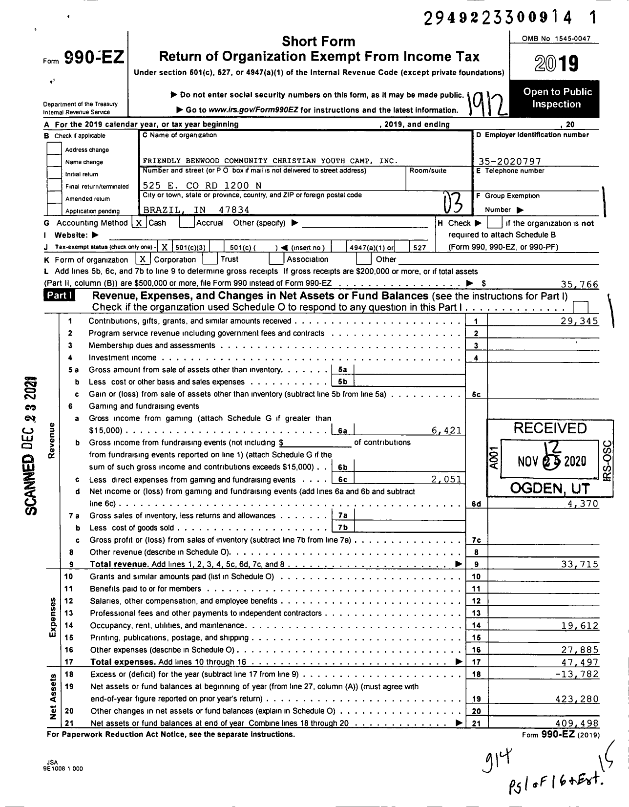 Image of first page of 2019 Form 990EZ for Friendly Benwood Community Christian Youth Camp