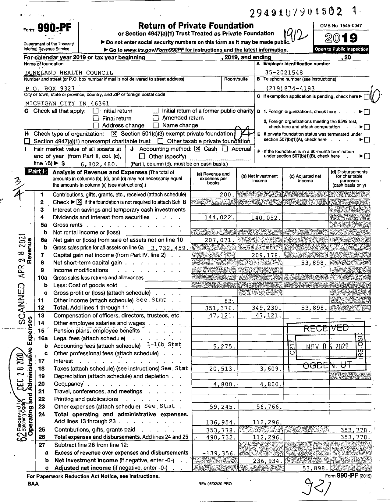 Image of first page of 2019 Form 990PF for Duneland Health Council