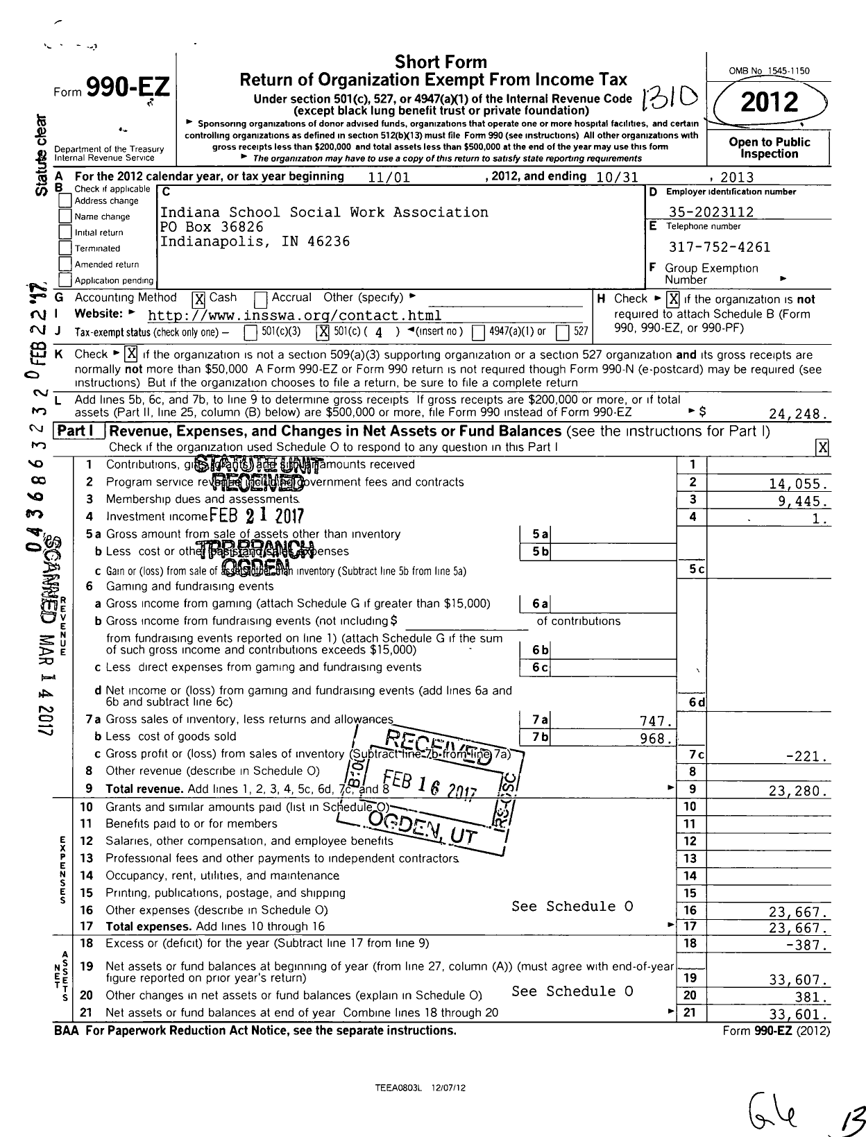 Image of first page of 2012 Form 990EO for Indiana School Social Work Association