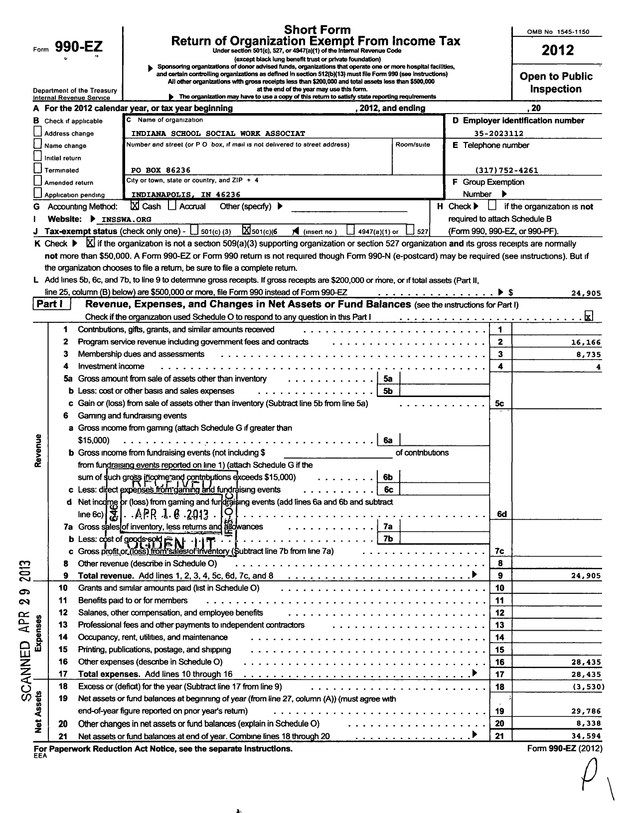 Image of first page of 2012 Form 990EO for Indiana School Social Work Association