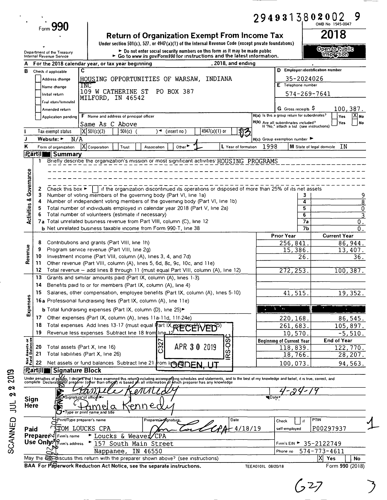 Image of first page of 2018 Form 990 for Housing for Hope