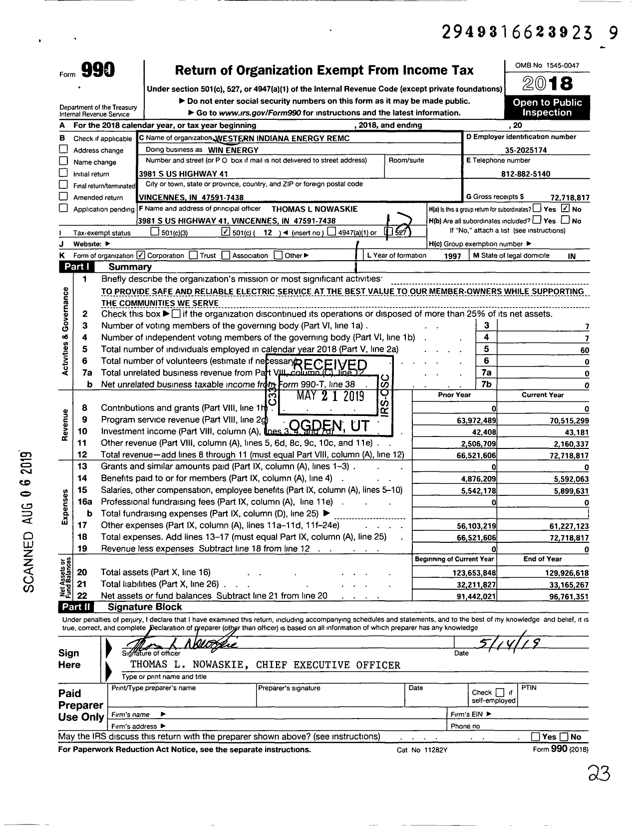 Image of first page of 2018 Form 990O for Win Energy Remc