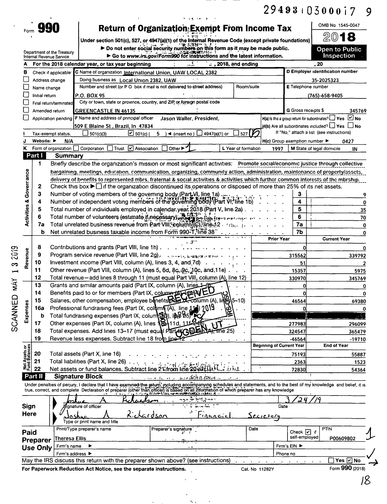 Image of first page of 2018 Form 990O for UAW - Local Union 2382 UAW