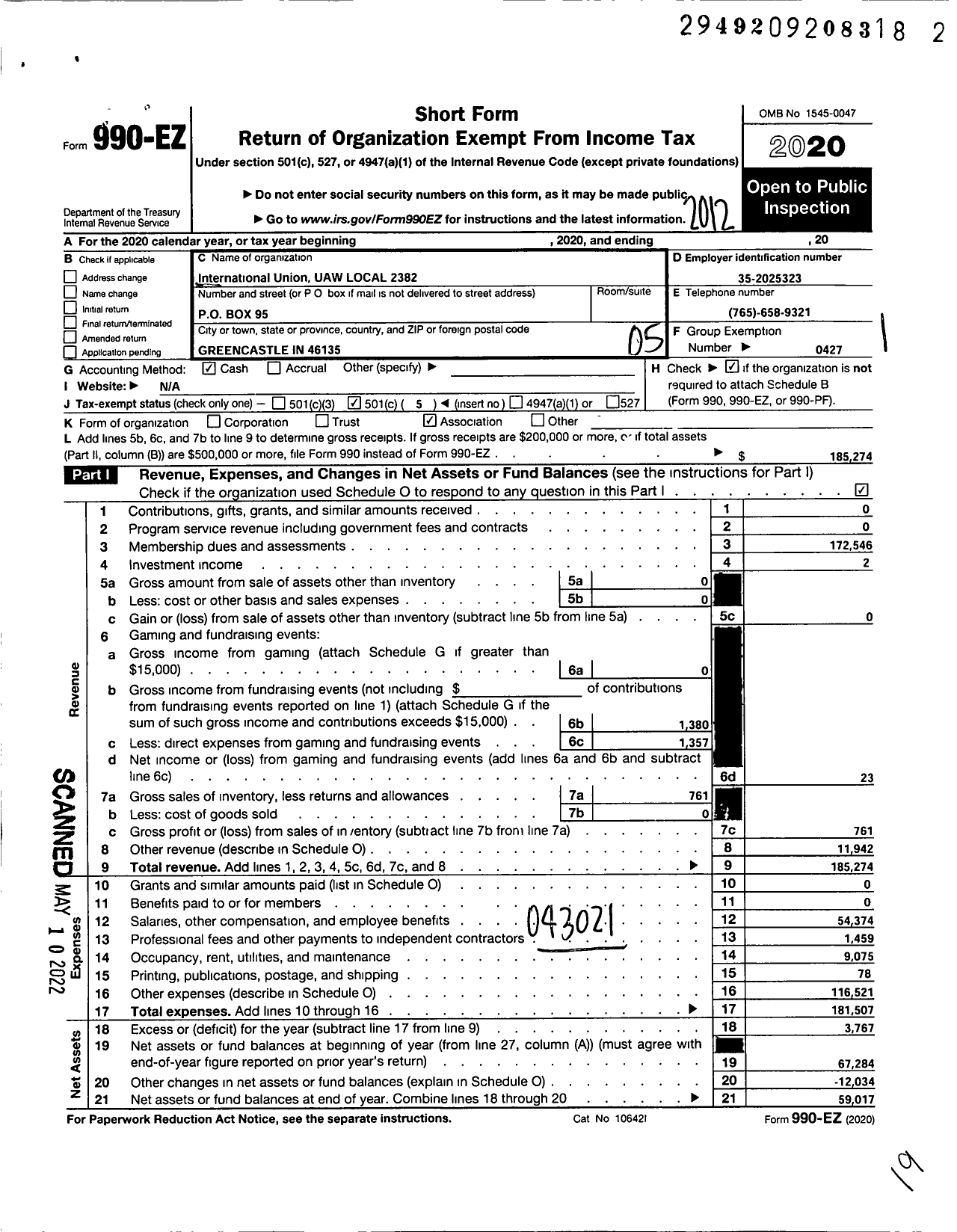 Image of first page of 2020 Form 990EO for UAW - Local Union 2382 UAW