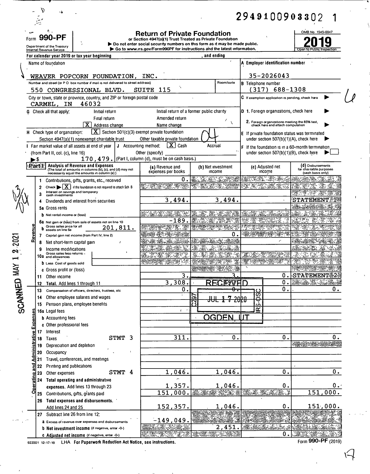 Image of first page of 2019 Form 990PF for Weaver Family Foundation