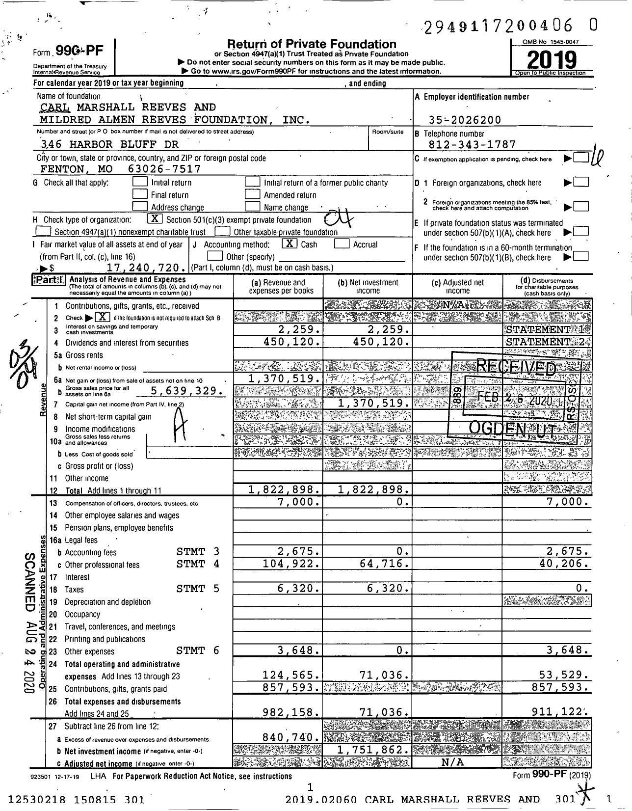 Image of first page of 2019 Form 990PR for Carl Marshall Reeves and Mildred Almen Reeves Foundation