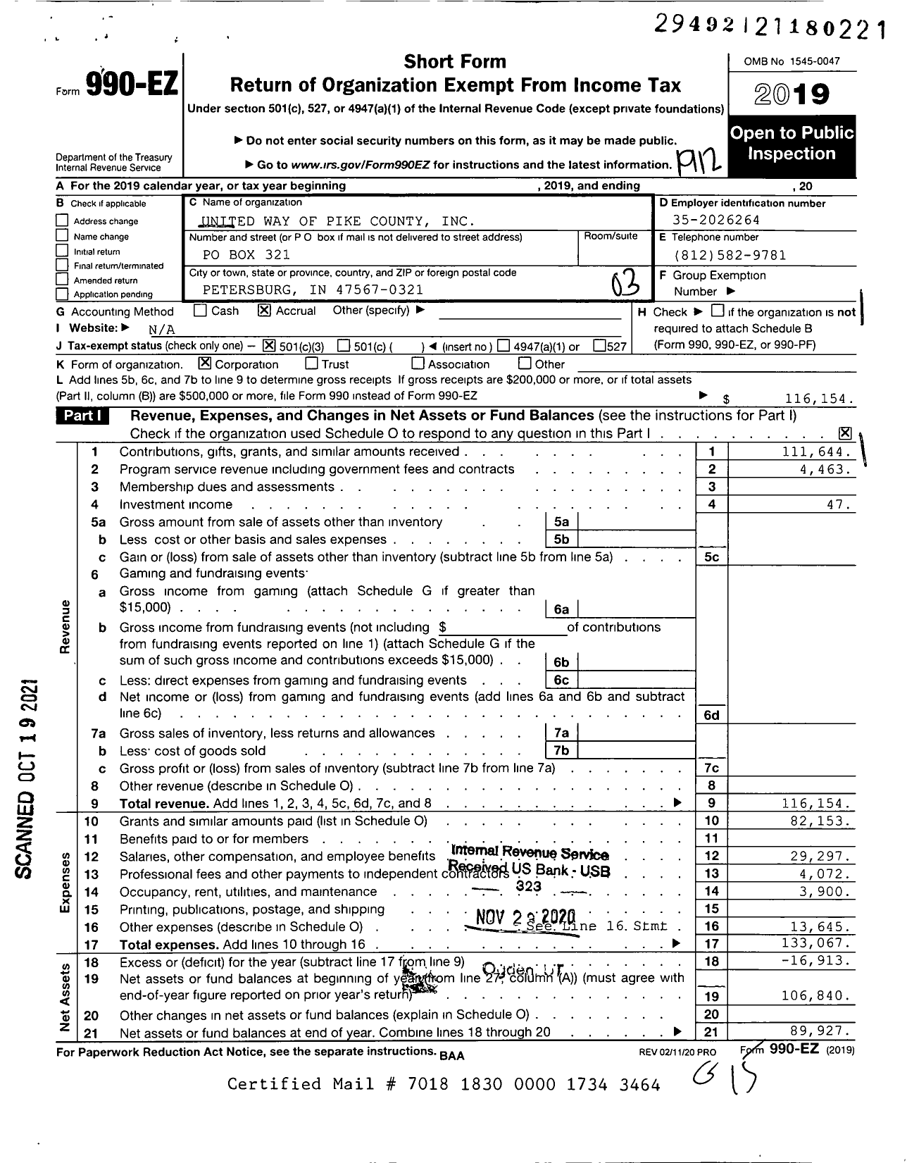 Image of first page of 2019 Form 990EZ for United Way of Pike County