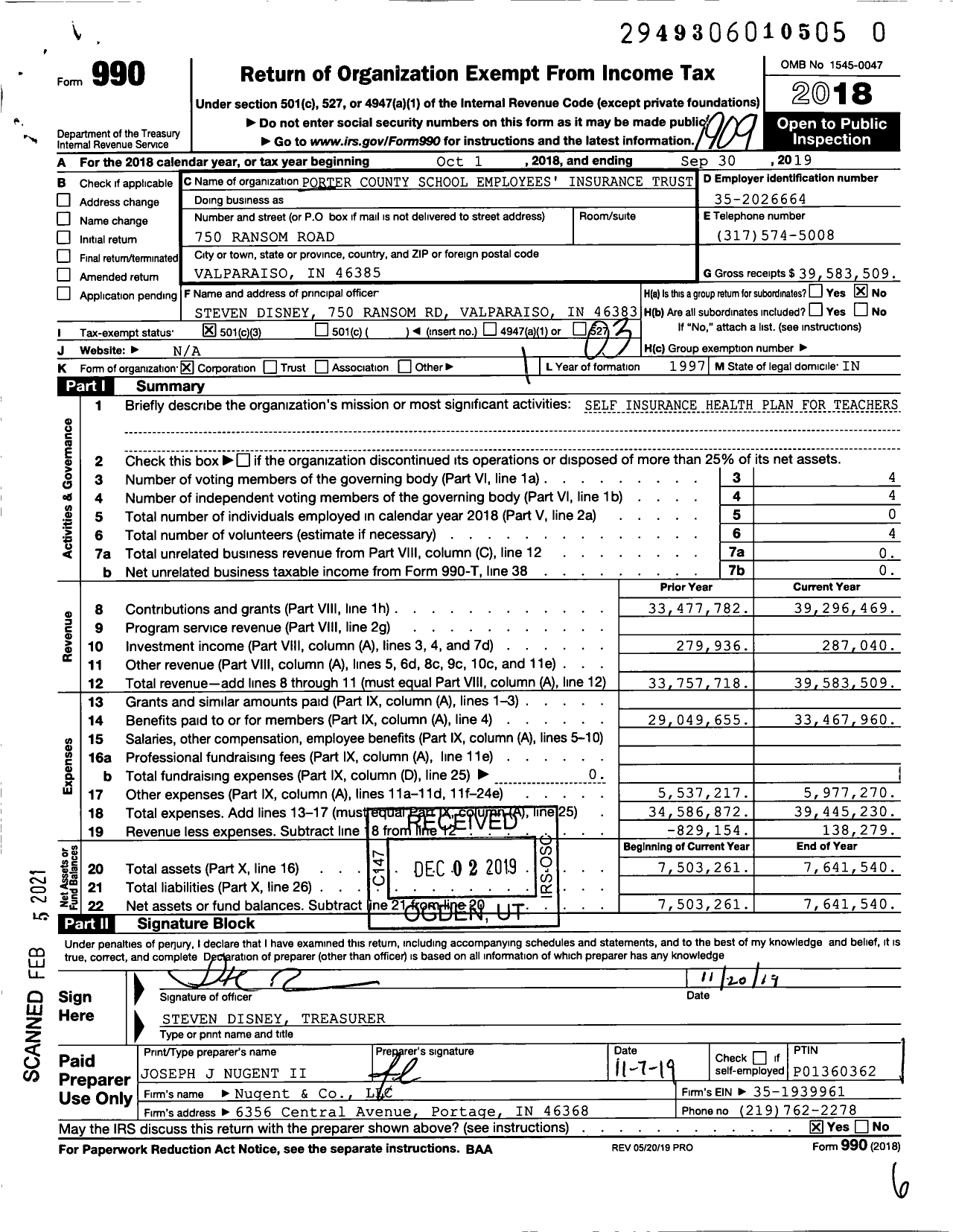 Image of first page of 2018 Form 990 for Porter County School Employees' Insurance Trust