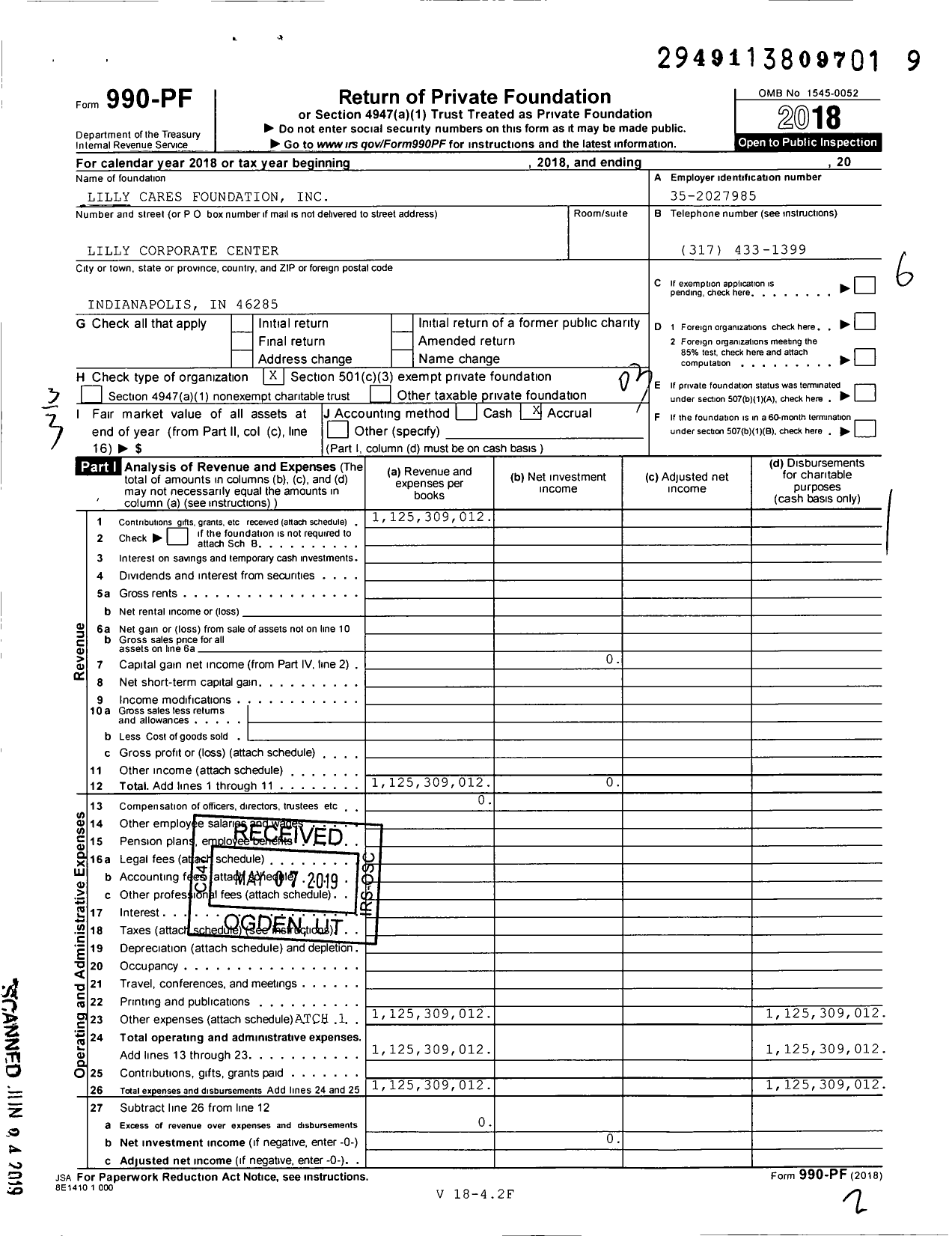 Image of first page of 2018 Form 990PF for Lilly Cares Foundation