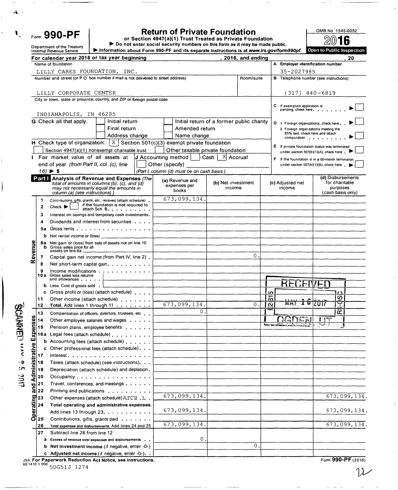 Image of first page of 2016 Form 990PF for Lilly Cares Foundation