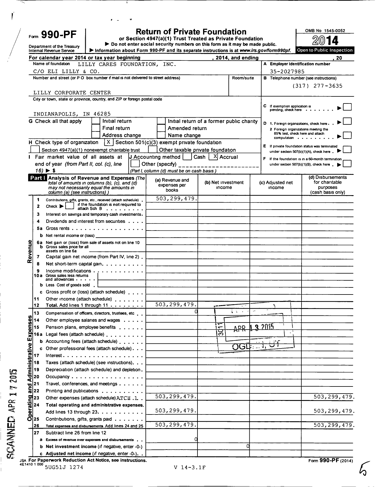 Image of first page of 2014 Form 990PF for Lilly Cares Foundation